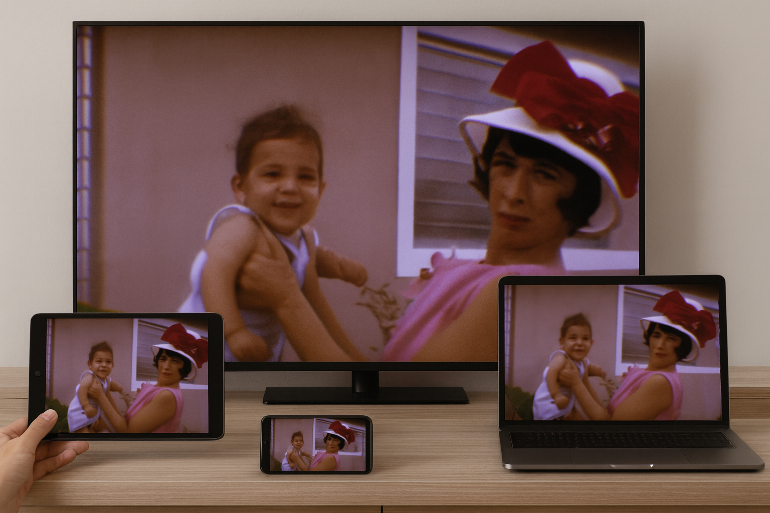 A person is holding a tablet and a smartphone, both displaying an image of a woman in a pink dress and a red hat holding a young girl in a white dress in front of a beige wall with a window.