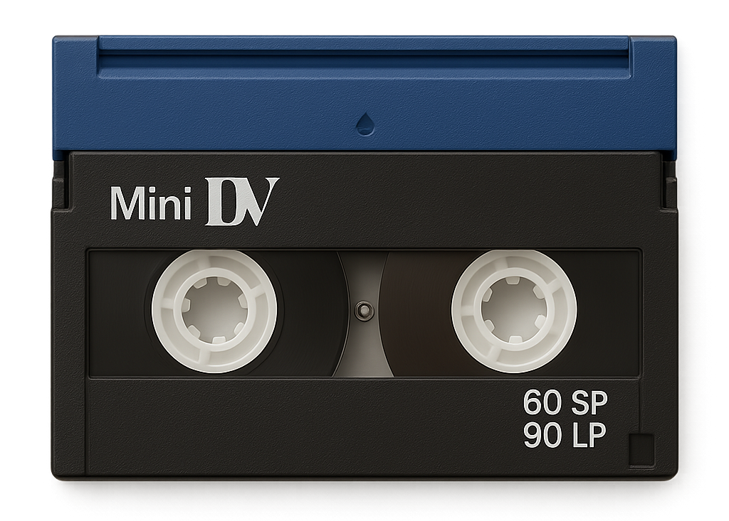 Close-up of a vintage audio cassette tape labeled 'Mini DV,' with spools wound with magnetic tape and labeled '60 SP' and '90 LP'.