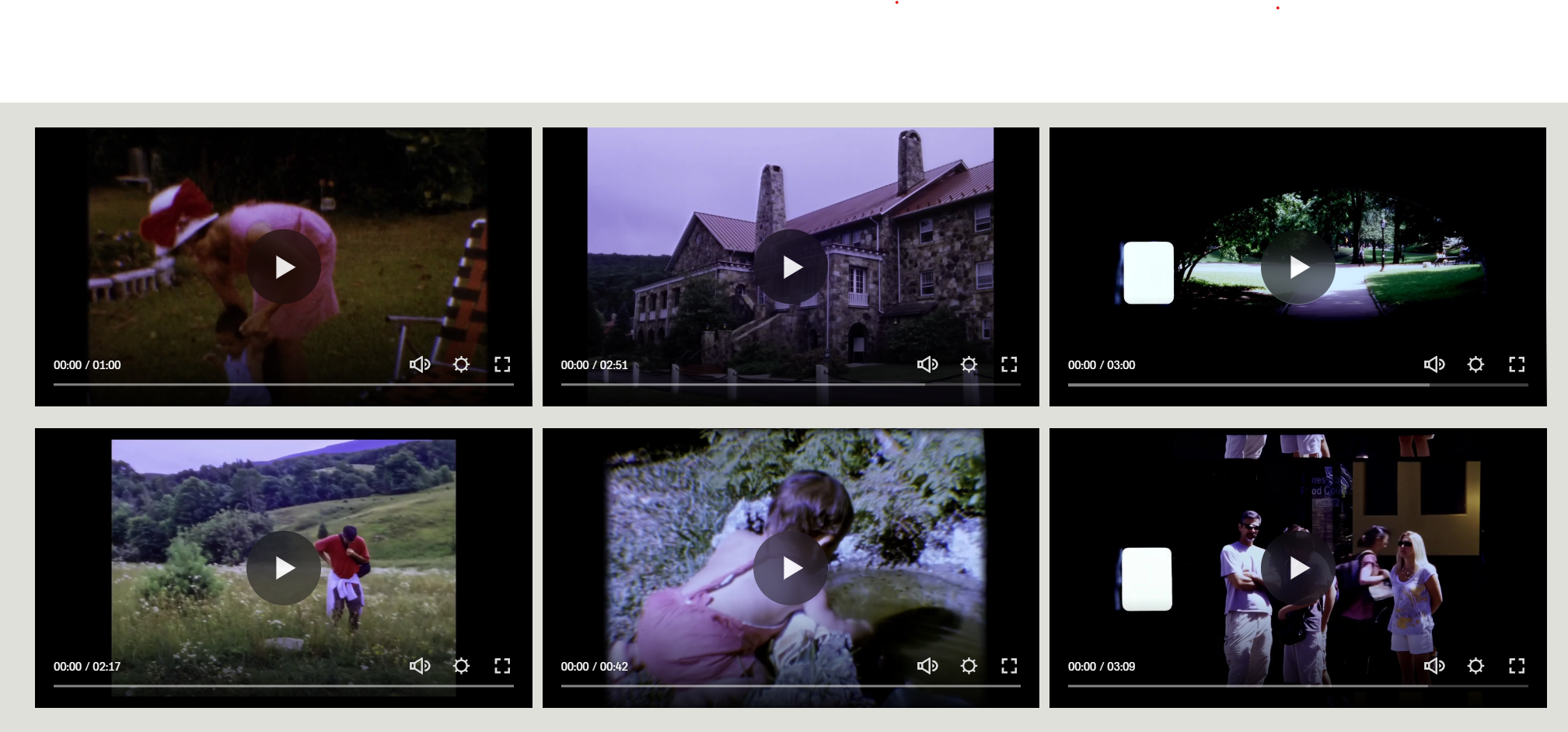 Six video thumbnails arranged in a 2x3 grid. The top row has videos of a girl in a pink dress with a Santa hat playing outside, a stone house or castle, and a park scene with a pathway. The bottom row shows a person in a red shirt in a green field, a girl crouching near water, and a group of people standing indoors, chatting.