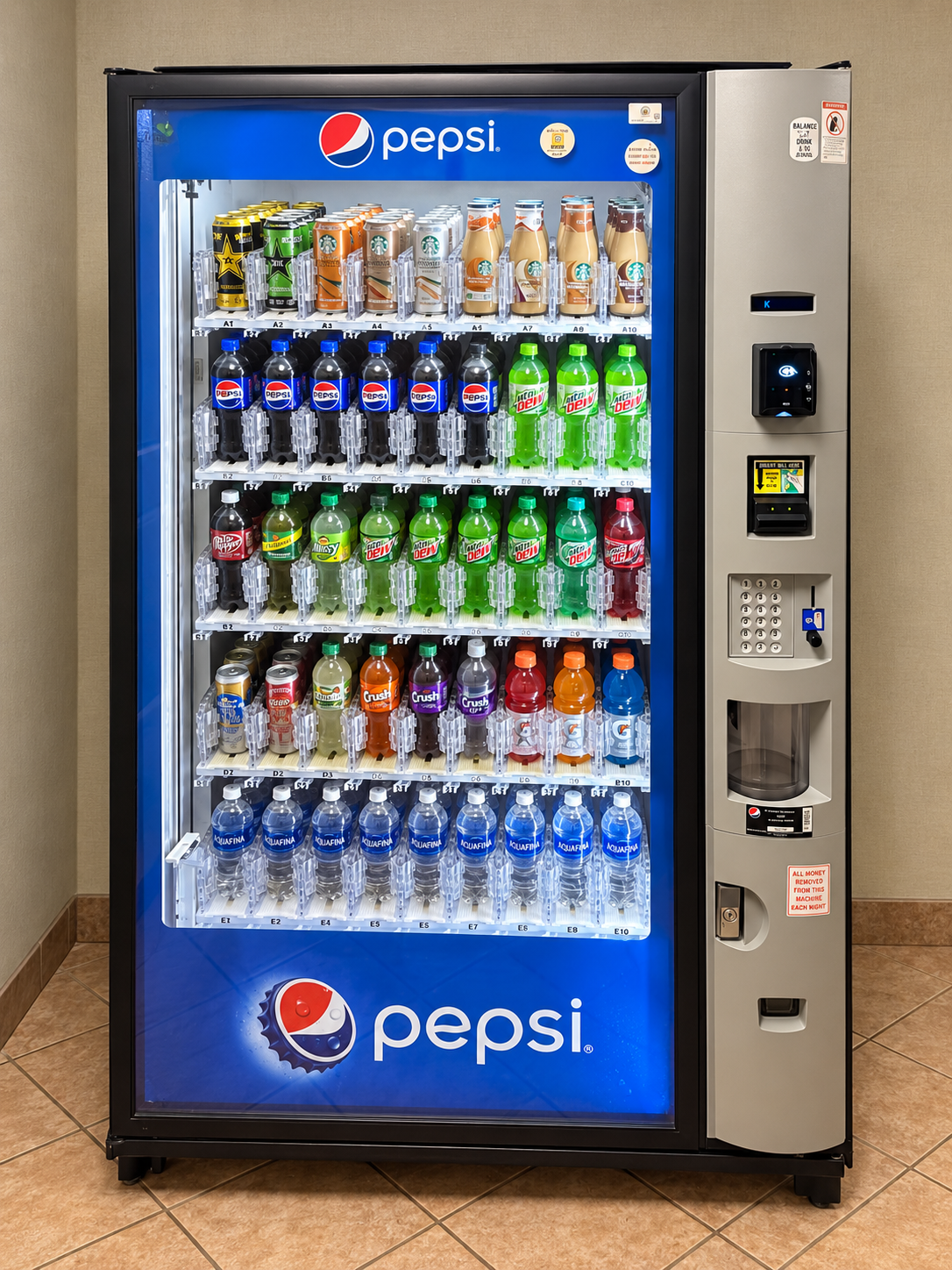 Stocked Pepsi beverage vending machine with cashless payment reader from Captain’s Choice Vending.