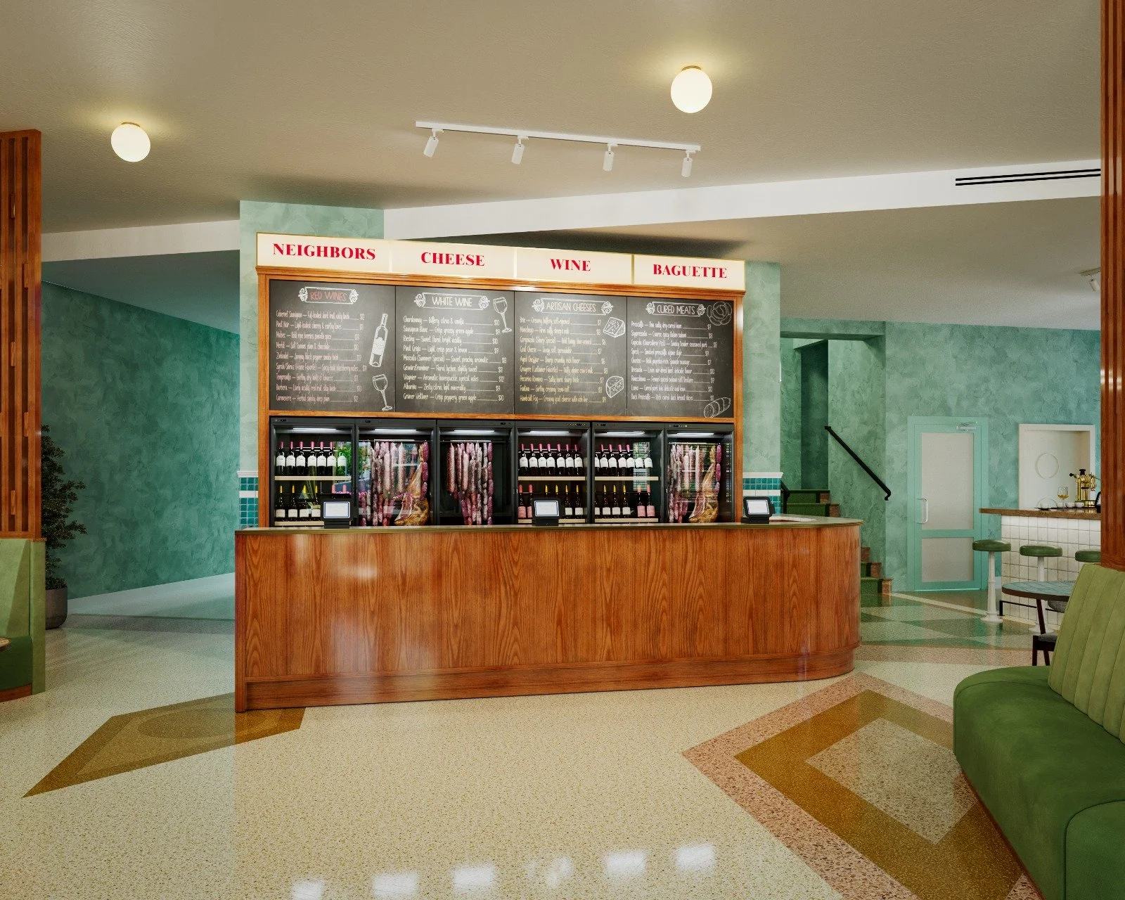 Interior of a cafe with a wooden counter displaying wine bottles and meat products, chalkboard menu above listing wines, cheeses, and cured meats, and signs for neighbors, cheese, wine, and baguette, with green walls, seating area with green chairs, 