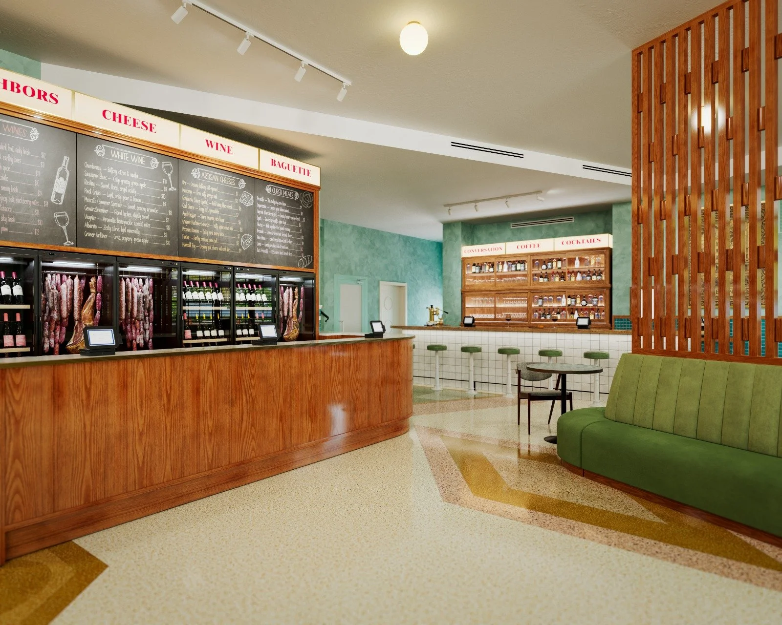 Interior of a wine shop with a curved wooden counter, wine bottles, chalkboard menus, a lime green sofa, and a wooden partition. There is a bar area with stools and shelves with jars and bottles. The decor includes green walls, white tiles, and warm 