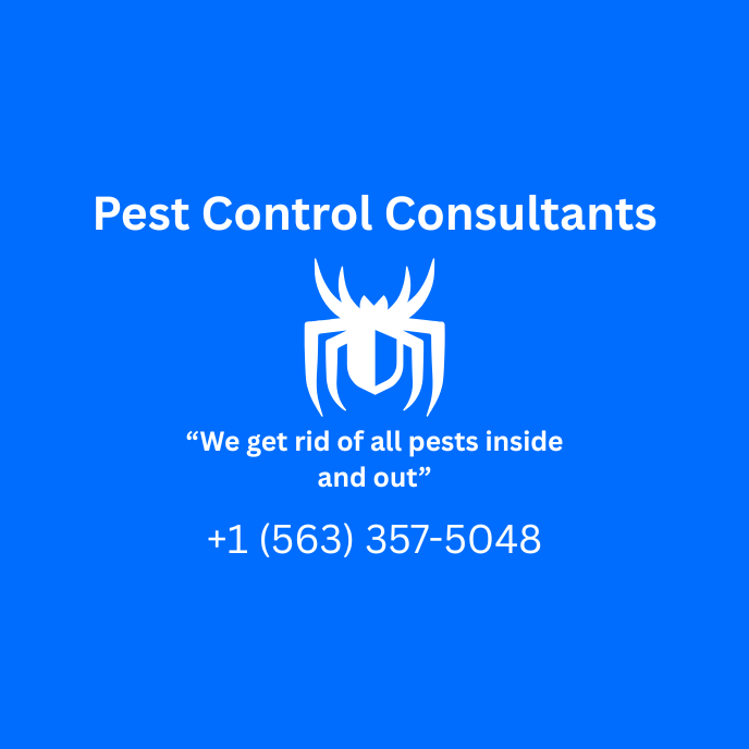 Business card for Pest Control Consultants with a blue background, white logo resembling an insect, company's name, slogan 'We get rid of all pests inside and out', and contact number +1 563-357-5048.
