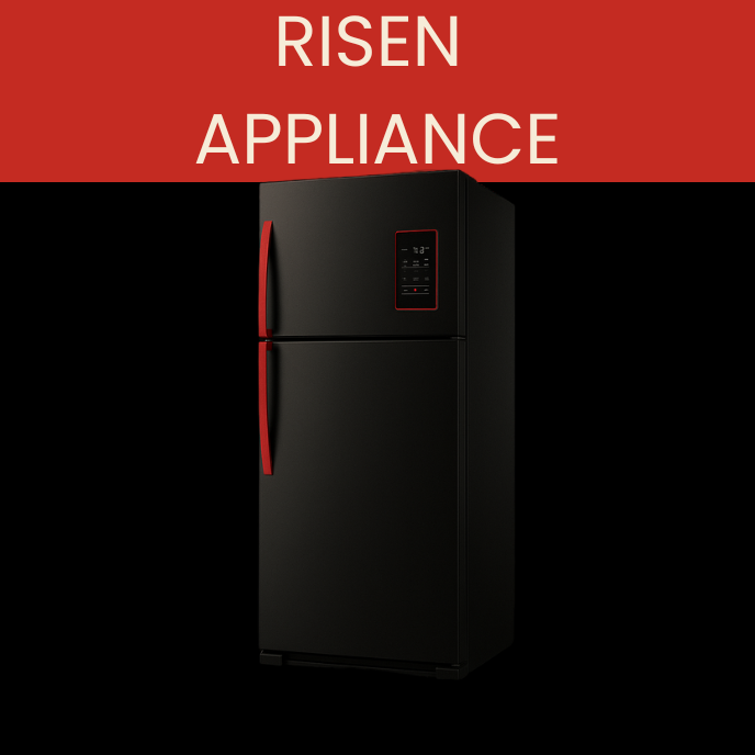 Black refrigerator with a red handle and digital display, labeled 'Risen Appliance' in red and white text on a red background.