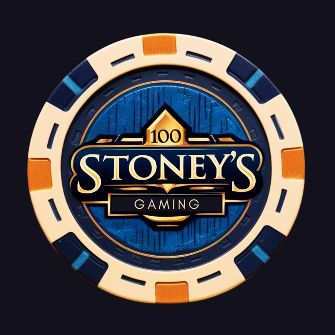 A casino poker chip with the logo for 100 Stoney's Gaming in the center, featuring a black and gold design on a blue background, divided with alternating orange and blue segments around the edge.