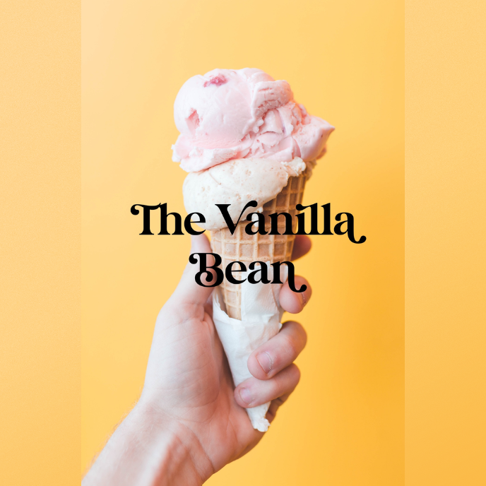 A hand holding an ice cream cone with two scoops, pink and white, against a yellow background with the text 'The Vanilla Bean' overlaid.