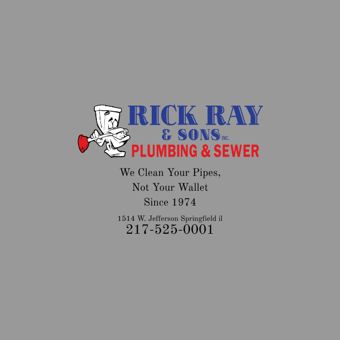 Business card for Rick Ray & Sons Plumbing & Sewer with a cartoon plumber holding a pipe wrench, slogan 'We Clean Your Pipes, Not Your Wallet', established 1974, located at 1514 W. Jefferson Springfield Illinois, phone number 217-525-0001.