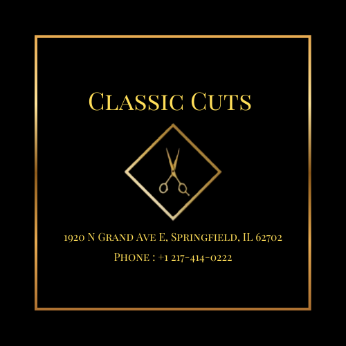 Business card for 'Classic Cuts' with gold text and scissors logo, black background, and gold border.