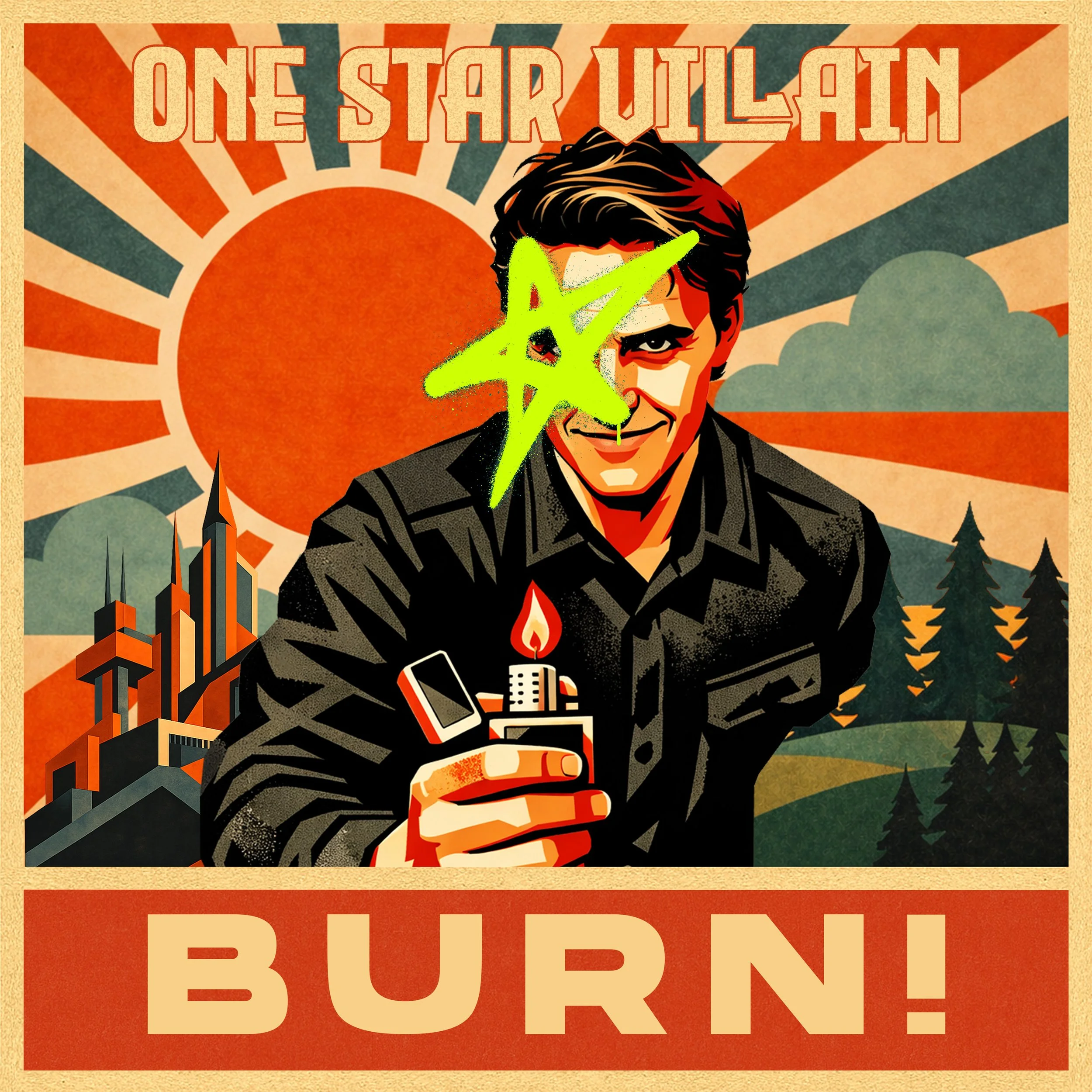 Burn album artwork.  Man holding lighter in front of constructivist aesthetic