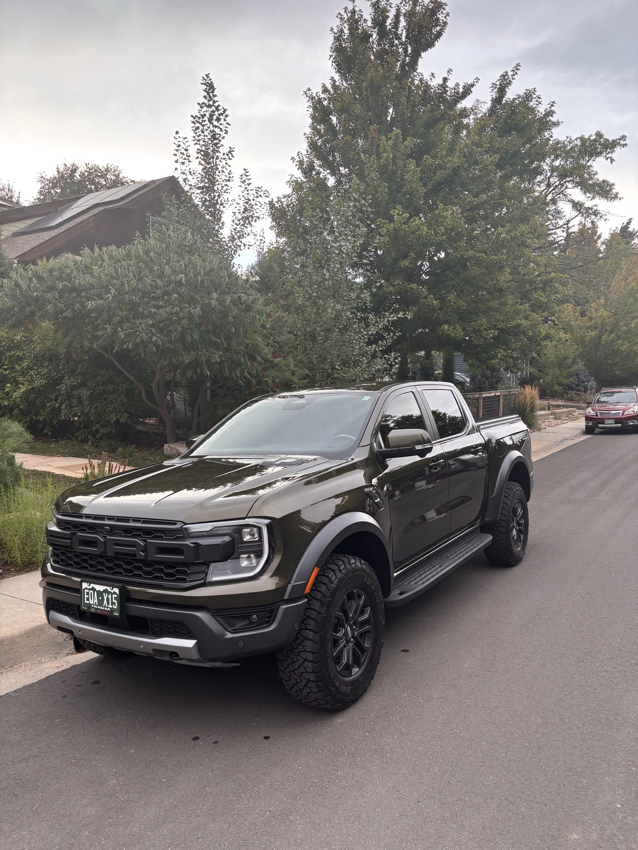 A black Ford pickup truck parked on a residential street with trees and houses in the background.