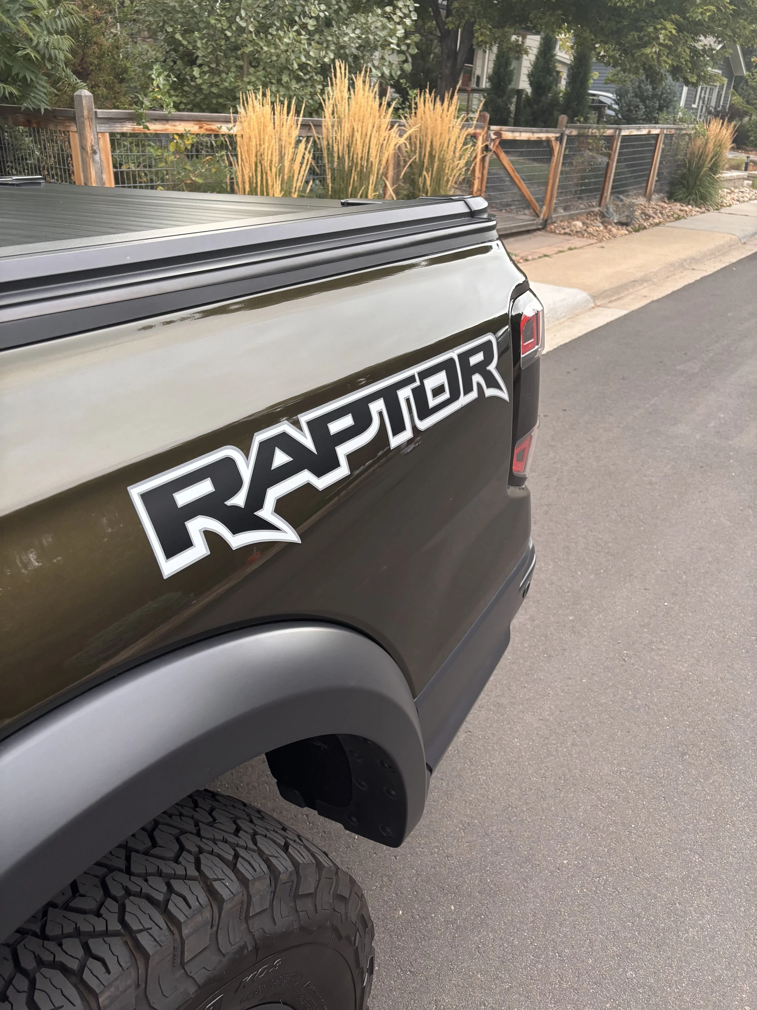 Close-up of a black truck with a sticker that says 'Raptor' on the side, parked on a residential street with a wooden fence and plants in the background.