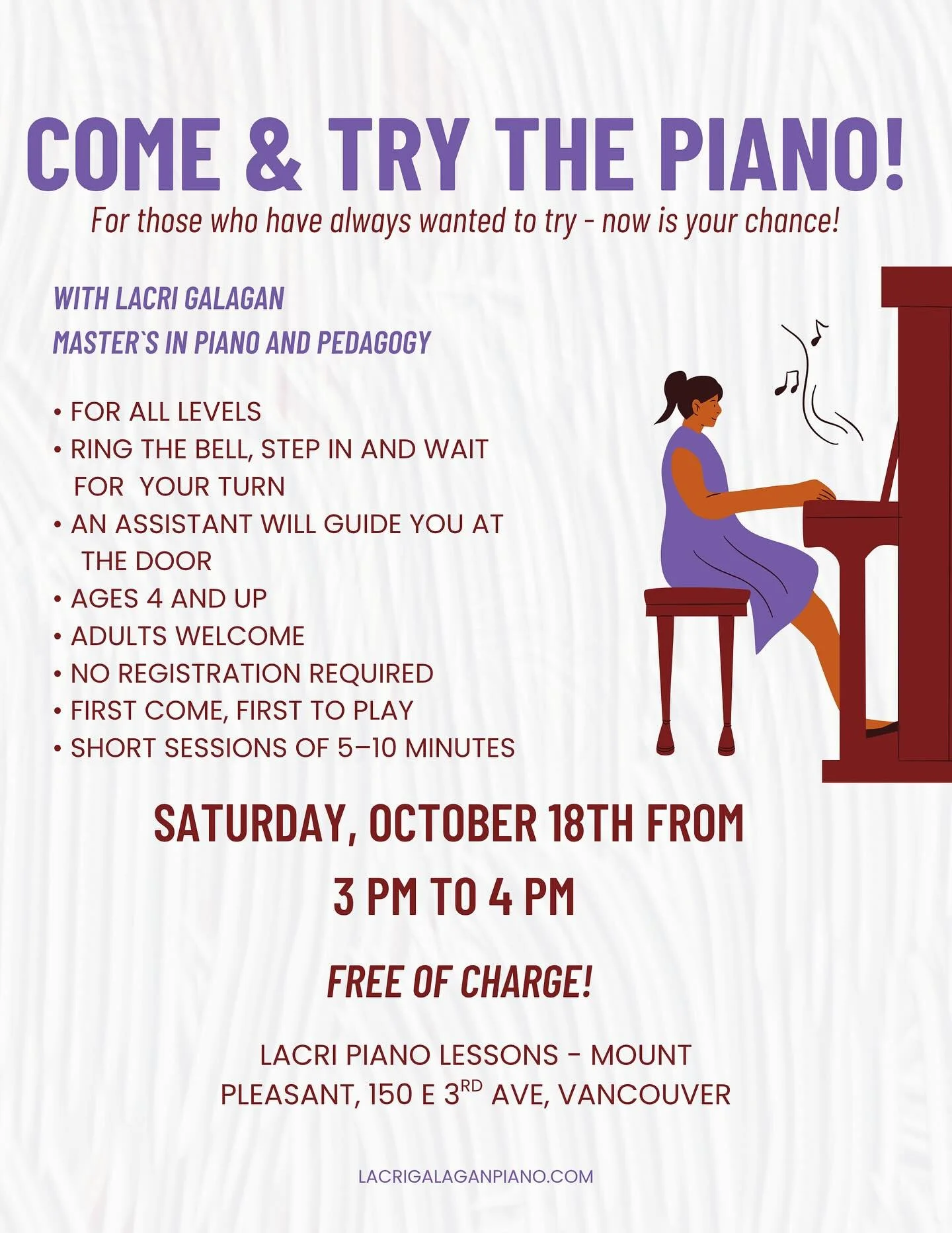 I&rsquo;m so excited to invite you to a free piano try-out hour! 🎶

Whether you&rsquo;ve never touched a piano or used to play years ago, come by, sit at the keys, and see how it feels. 💕

📅 Saturday, October 18 | 3&ndash;4 PM
📍 Lacri Piano Lesso
