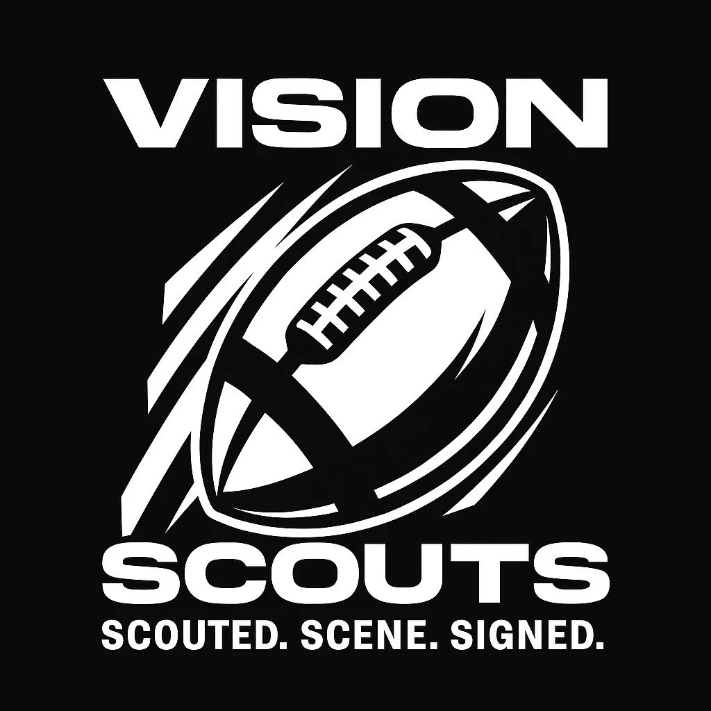 Logo for Vision Scouts featuring a stylized football and the text "VISION SCOUTS" with the tagline "SCOUTED. SCENE. SIGNED."
