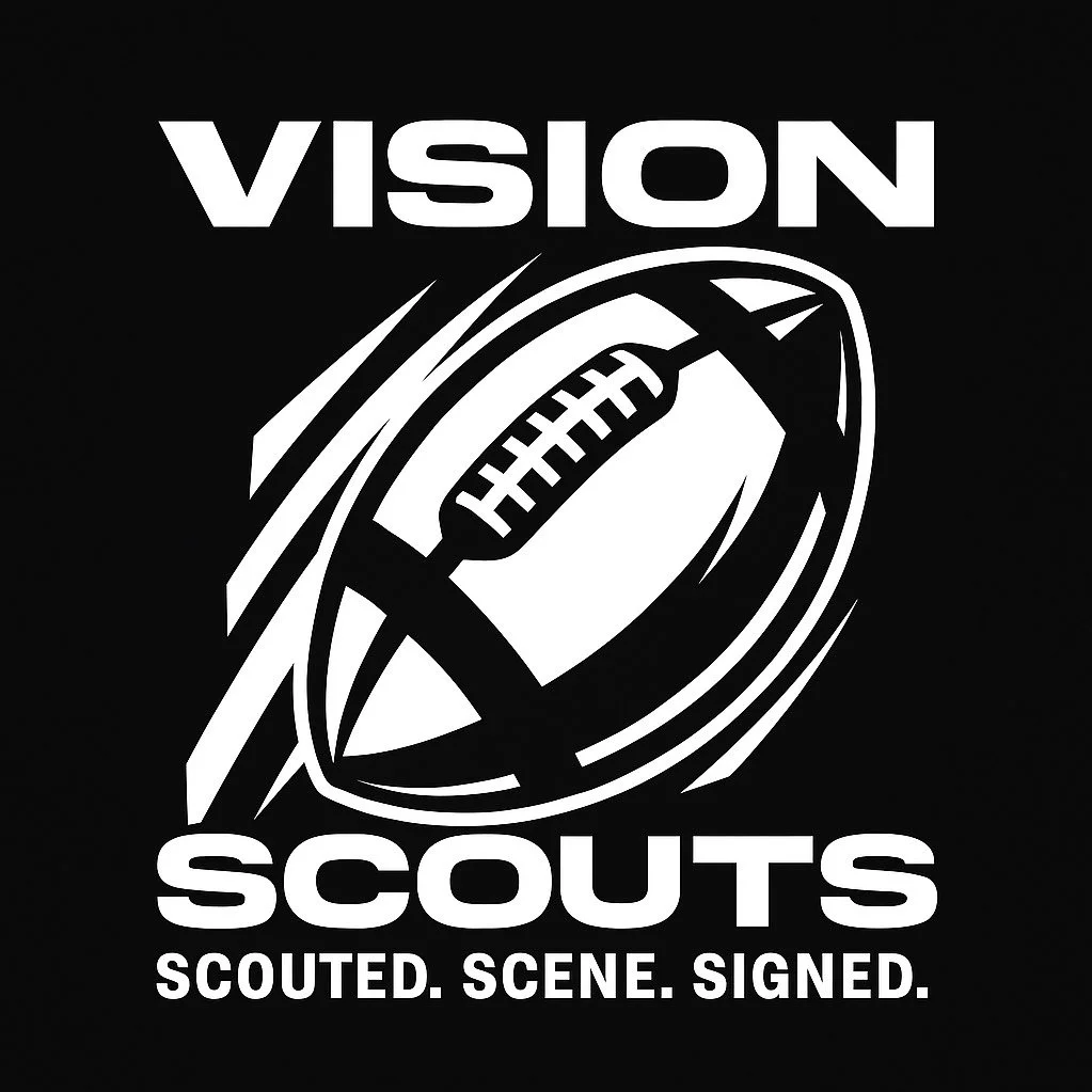 A black and white logo with the words "Vision Scouts" and the slogan "Scouted. Scene. Signed." It features a stylized American football in the center.