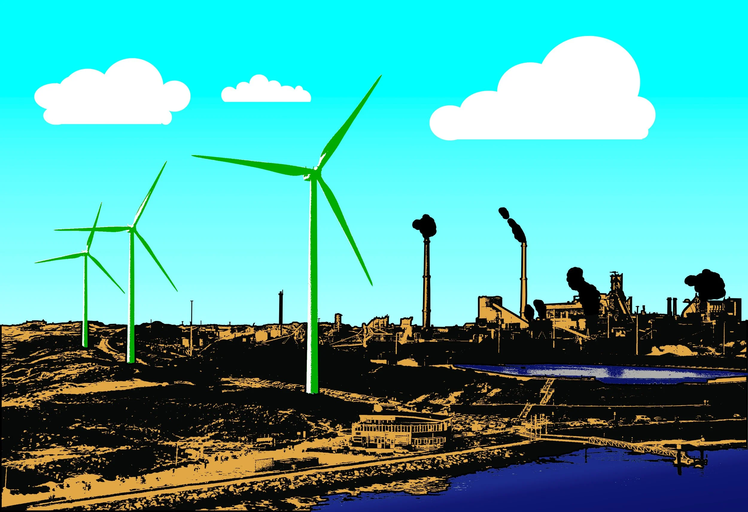 Wind Turbines and Smoke Stacks 32 x 48%22 Digital Painting from Original Photo on Aluminum with UV Varnish 2022 $2550.jpg
