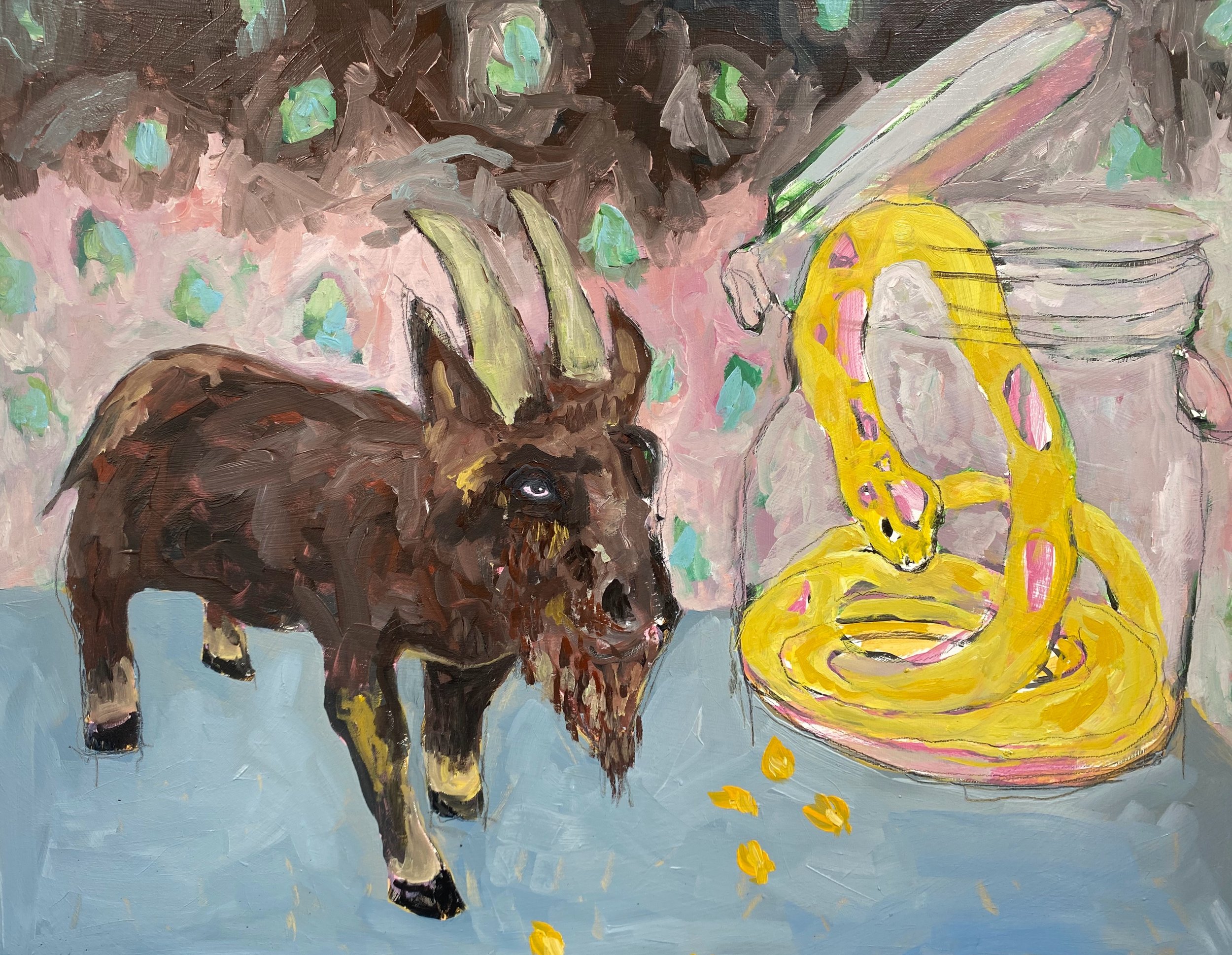 Goat with Snake, oil on canvas, 24x30'' 2024 $750.JPEG