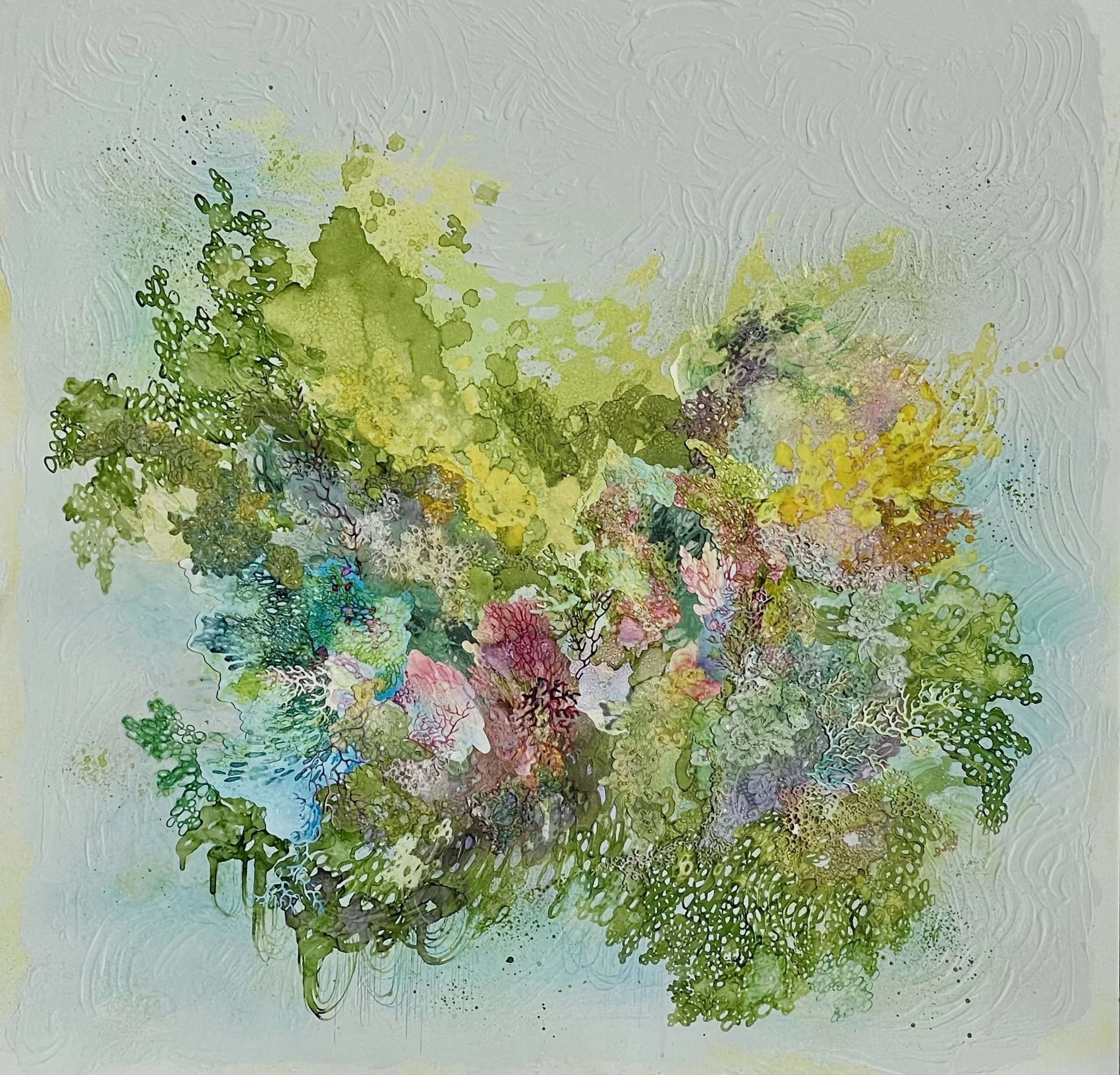 'Ecstatic crash' mixed media 47"x47" 49"x49"  framed 2023 $4950.jpg