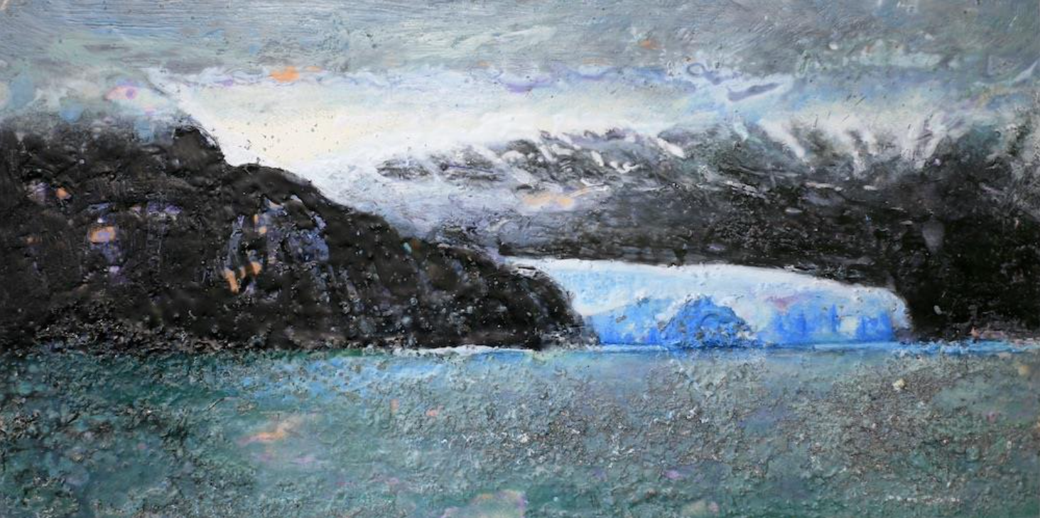 Alaska (C) 2025, encaustic:lead on paper, 24” x 12”.jpeg