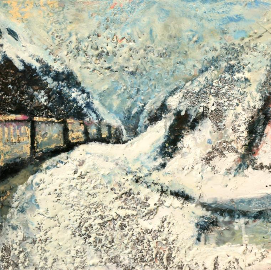 Rumours of the Yukon 2025, encaustic:lead:gold leaf on panel, 12” x 12”.jpeg