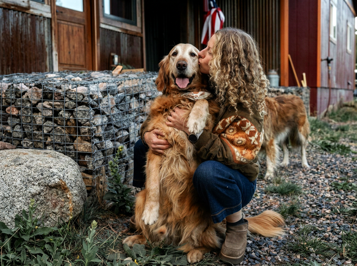 Therapist Tess Harris hugging  her golden retriever therapy dog, at VidaMinds Mental Health in Bailey, Colorado.
