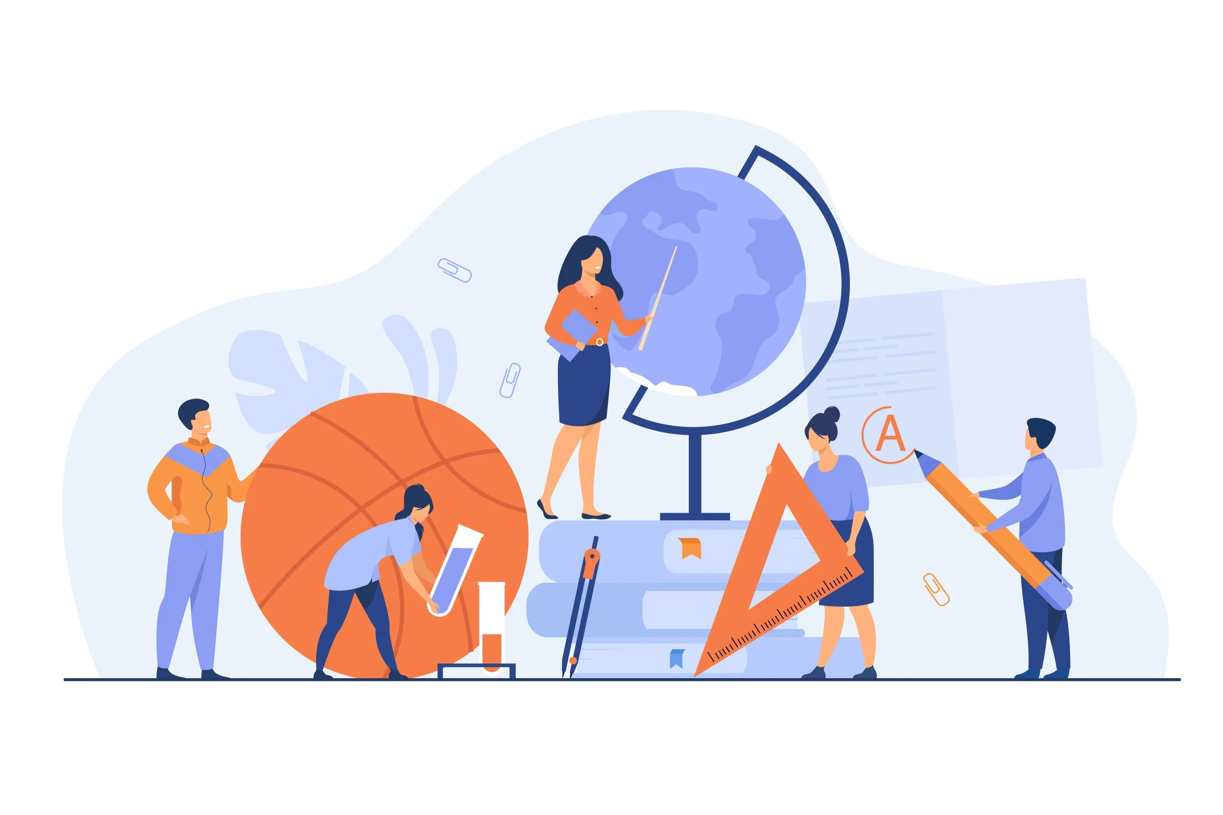 Illustration of five people engaging in various educational activities related to science and learning, with a globe, globe model, basketball, books, and drawing tools.
