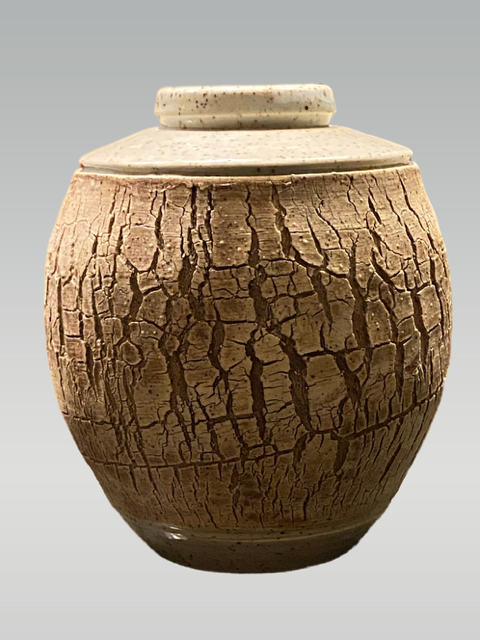 Ceramic jar with a crackled, textured exterior and a beige lid, isolated on a light gray background.