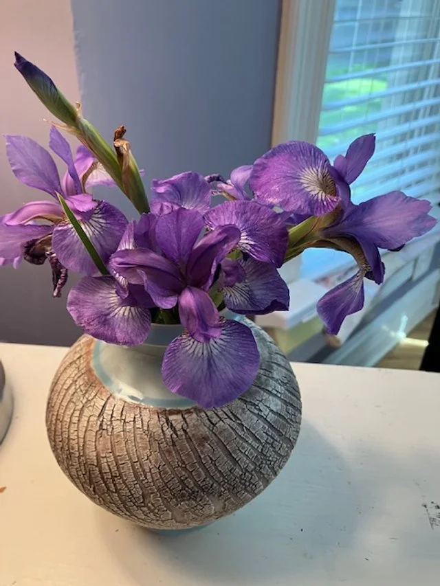 A round ceramic vase with a cracked texture holding purple irises, sitting on a white surface near a window with blinds.
