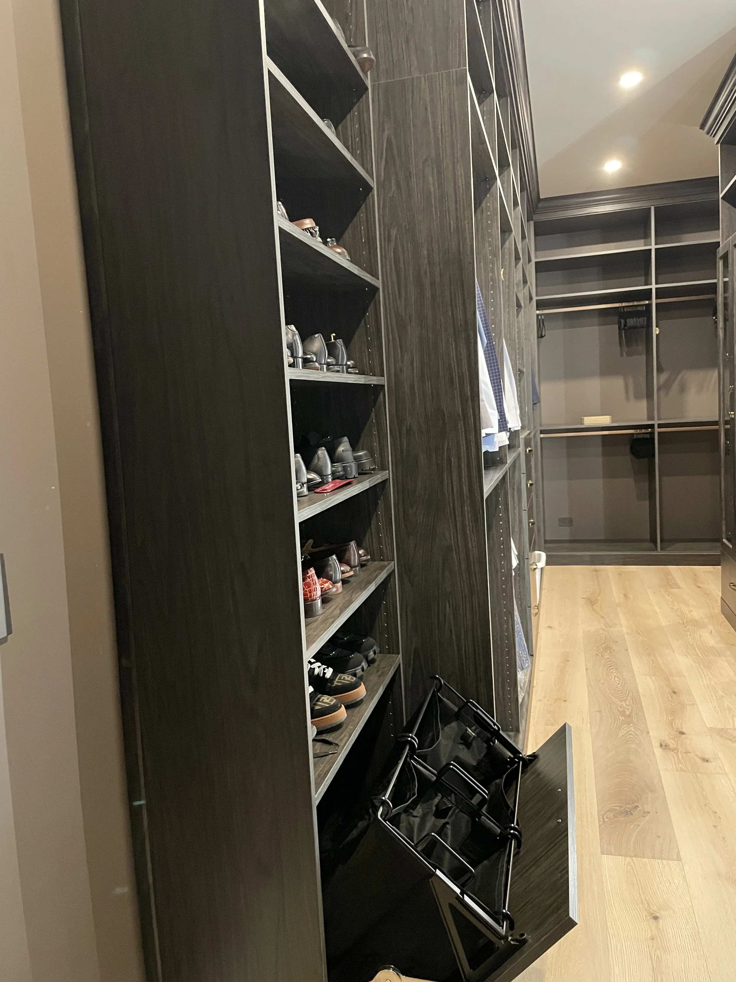 Custom Dark Grey Closet with Hamper