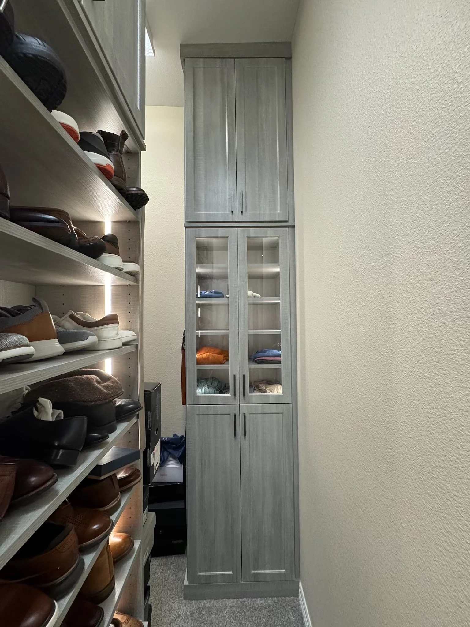 Custom Grey Closet with Display Shelving