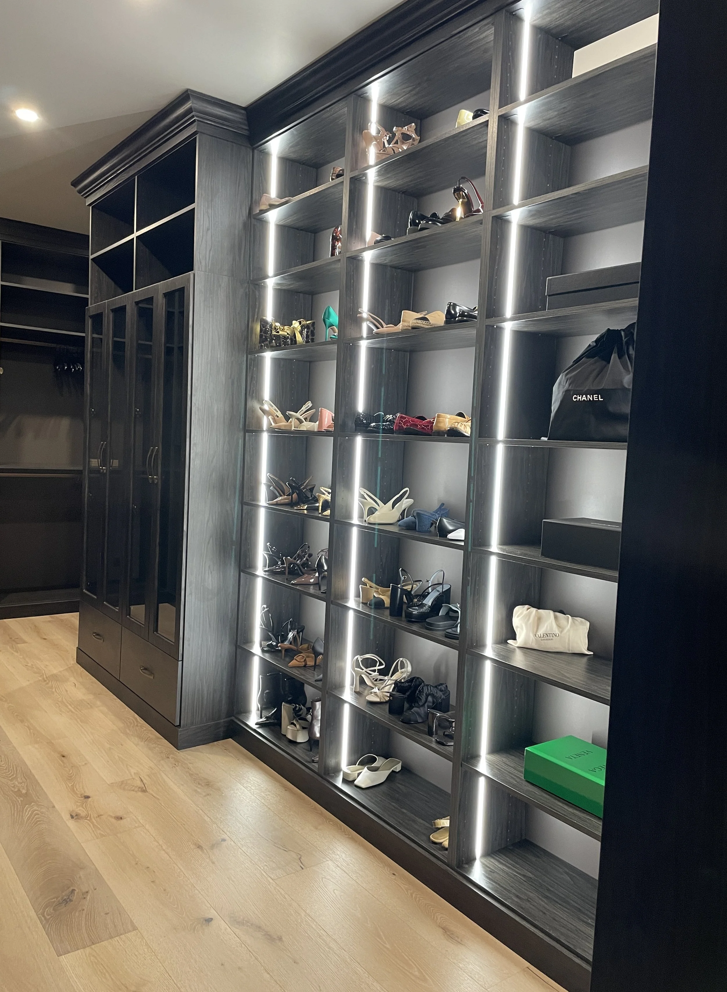 Custom Closet with Lighting and Shoe Shelves