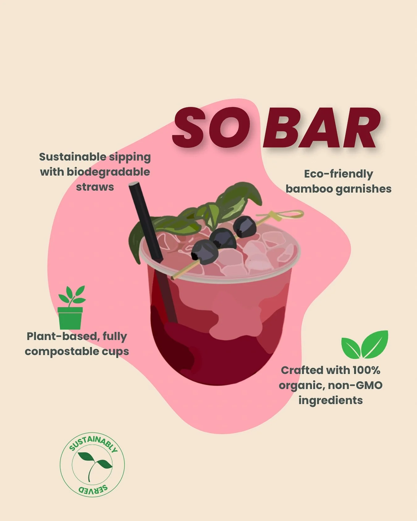our mission is simple: do good for you + the planet. at SO bar, we keep it sustainable from the cups to the ingredients, because little choices add up to big change. 🌿