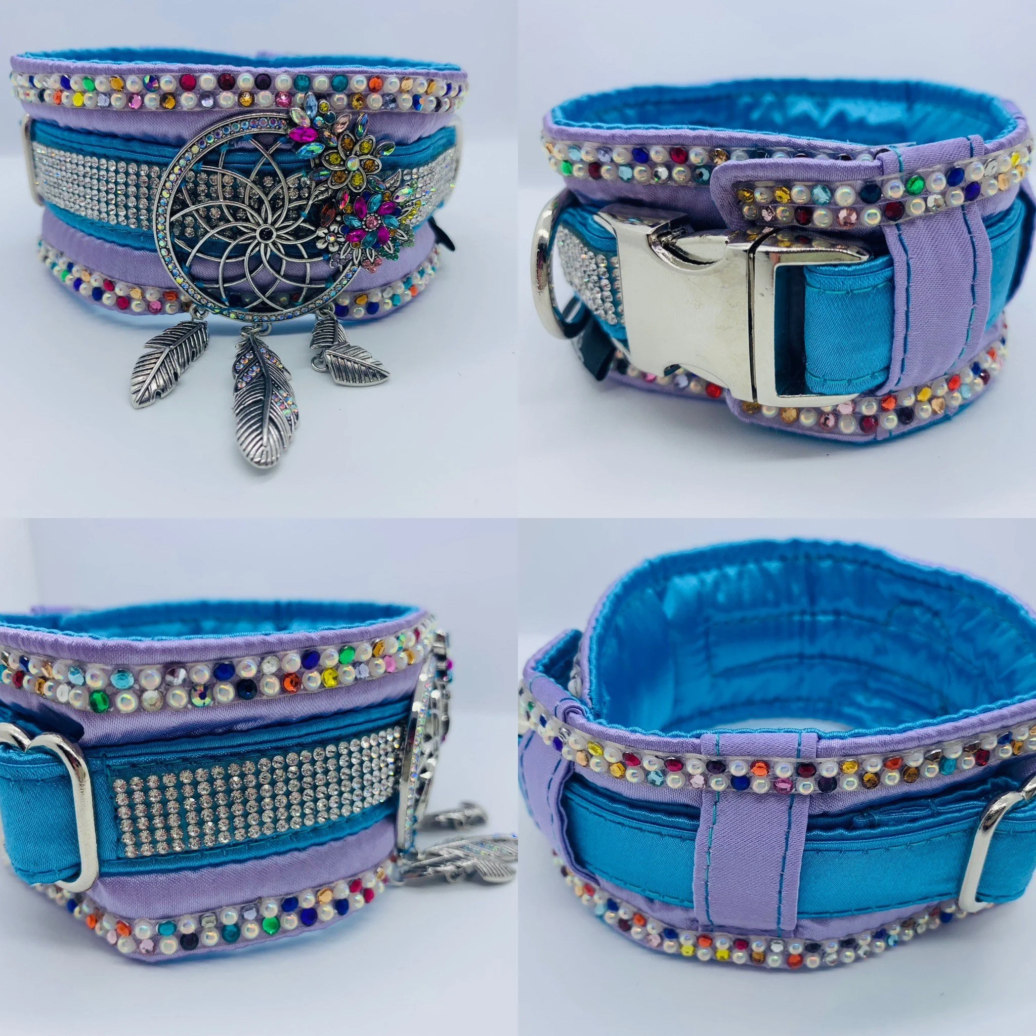 A colorful, embellished dog collar with rhinestones, beads, and a decorative charm featuring feathers and flowers.