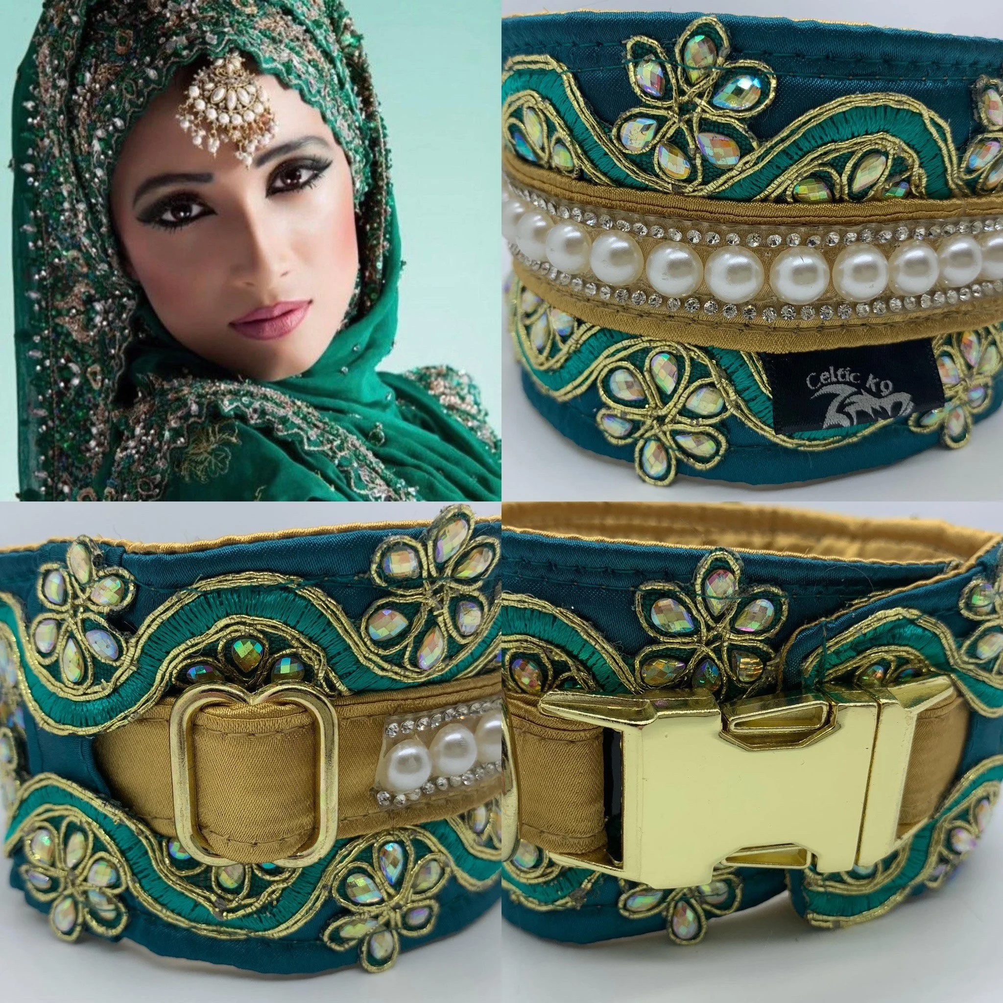 A woman dressed in traditional green attire with intricate embroidery and jewelry. Several close-up shots of an ornate, decorative headband or belt feature gold, pearl, and rhinestone embellishments with floral and swirling patterns.