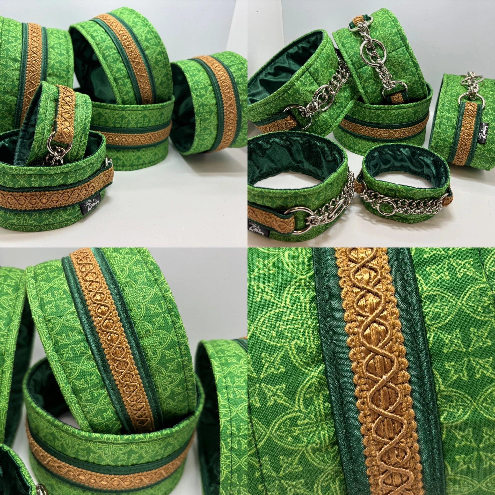 Collection of green dog collars and leashes with intricate gold patterns and chains.
