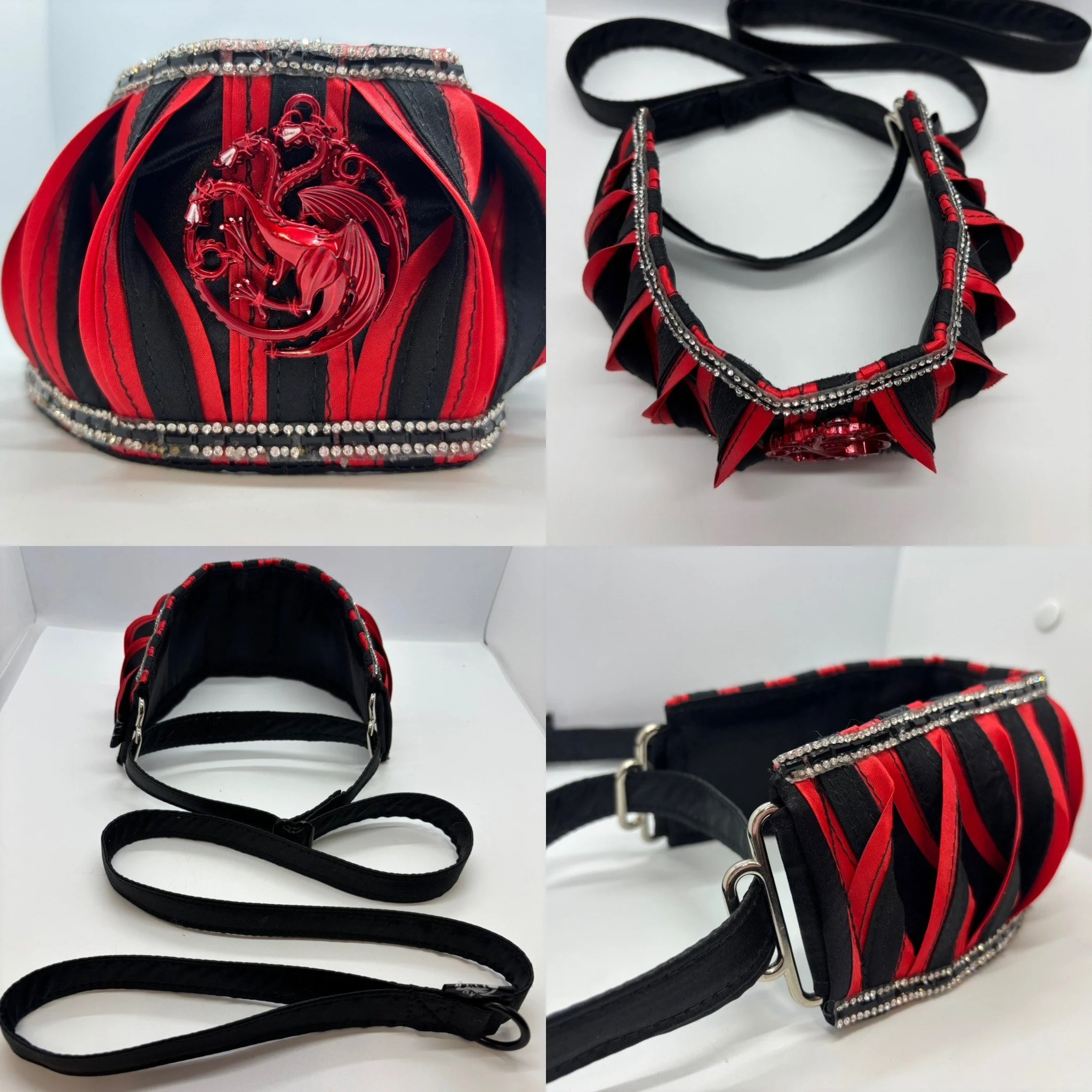 A set of matching red and black accessories including a small handbag with a dragon emblem, a choker necklace, a collar, and a leash, all decorated with rhinestones and red and black ribbons.