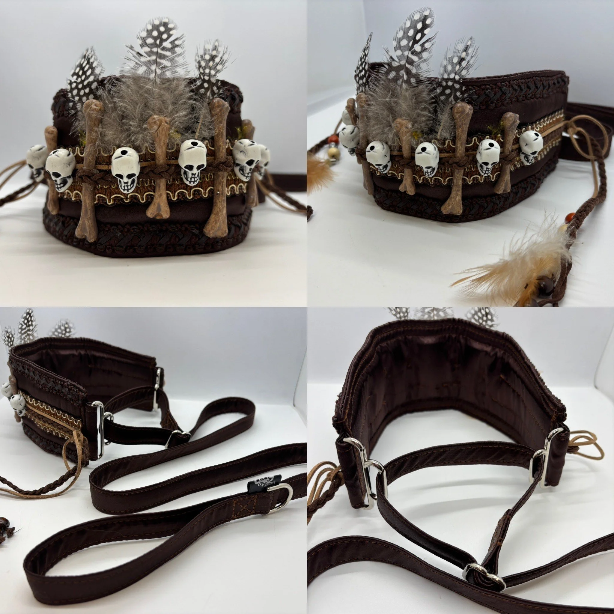 A decorative dog collar with skull and bone charms, feathers, and beads, shown from various angles.