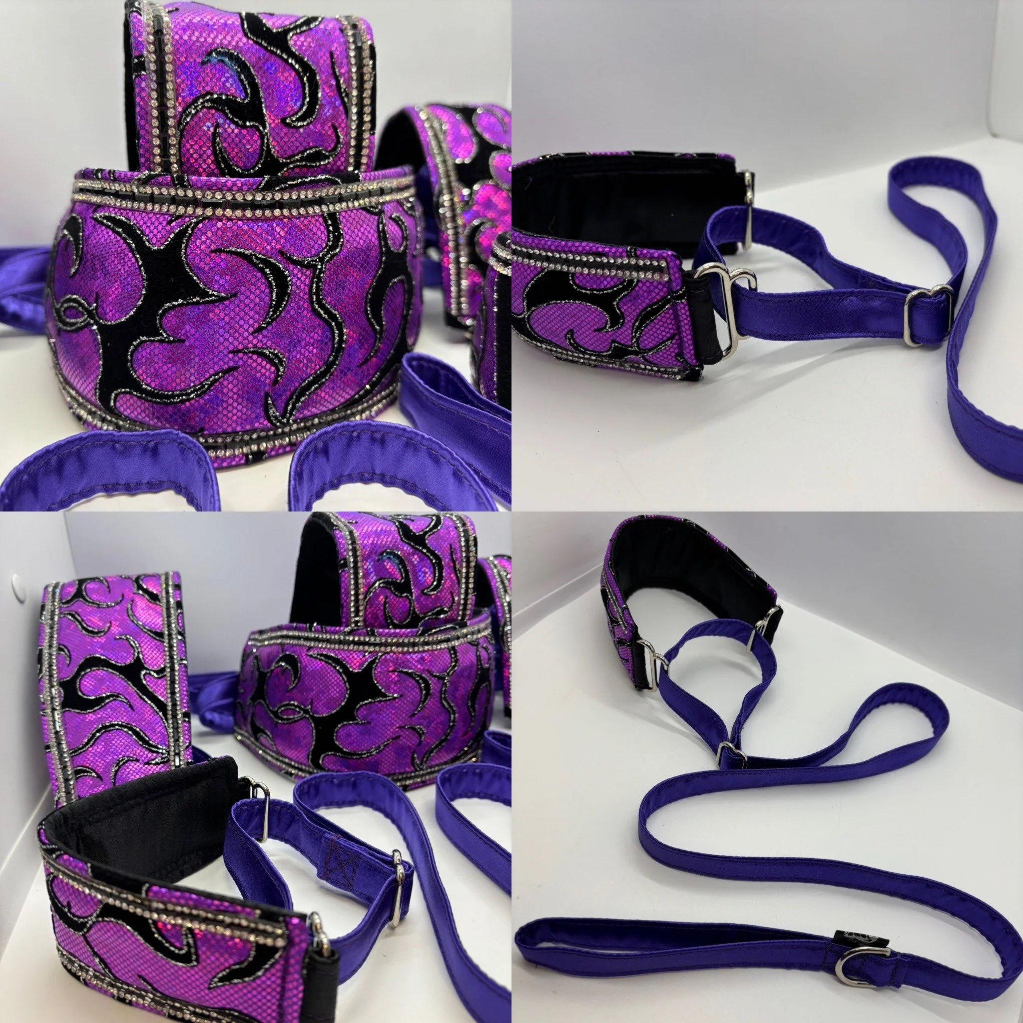 A collection of purple and black embellished dog collars and leashes, some with rhinestone detailing, displayed on a white surface.