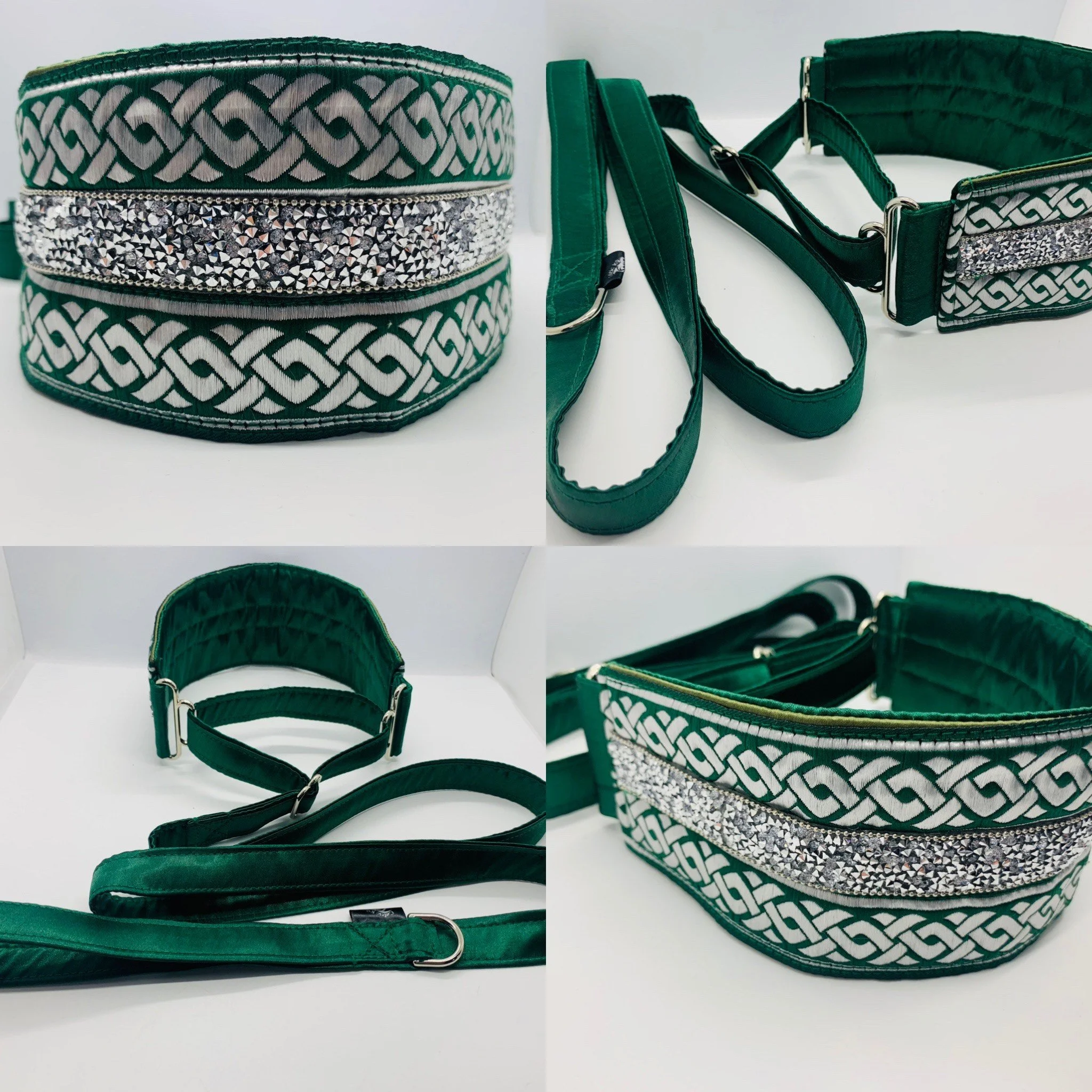 A set of green accessories including a wide collar with geometric white pattern and rhinestones, a matching waist belt with similar pattern, and a leash with a handle. All items are displayed on a white surface.