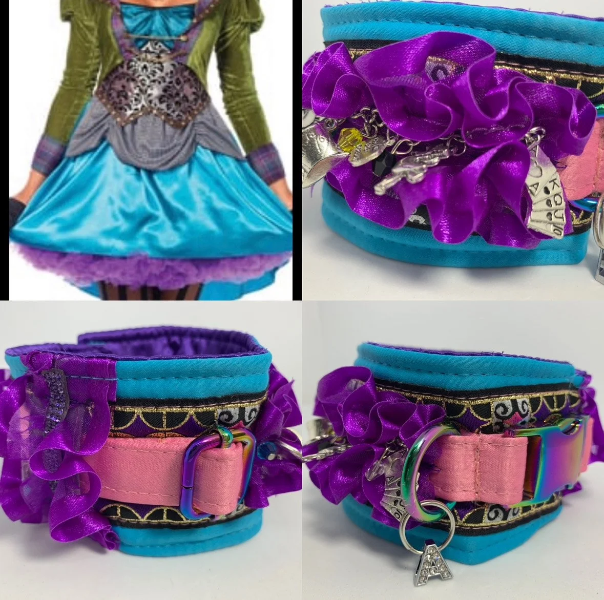 Collage of four images featuring colorful dog collars with purple ruffled ribbons, a pink fabric strip, metal D-rings, and decorative charms. One image shows a person wearing a fairy costume with a blue skirt and purple ruffled petticoat.