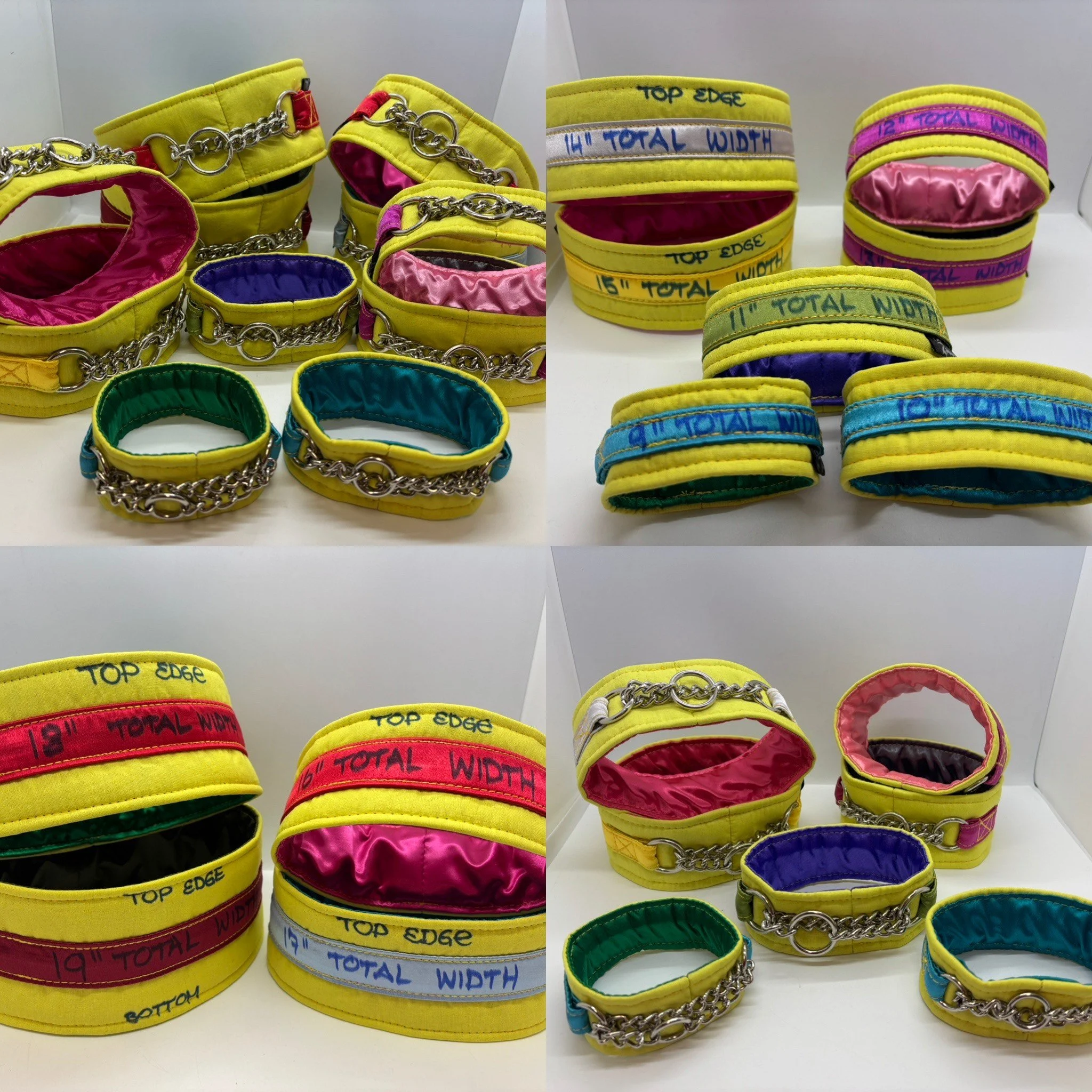 Colorful dog collars and bandanas with measurements written on them, displayed on a white surface.