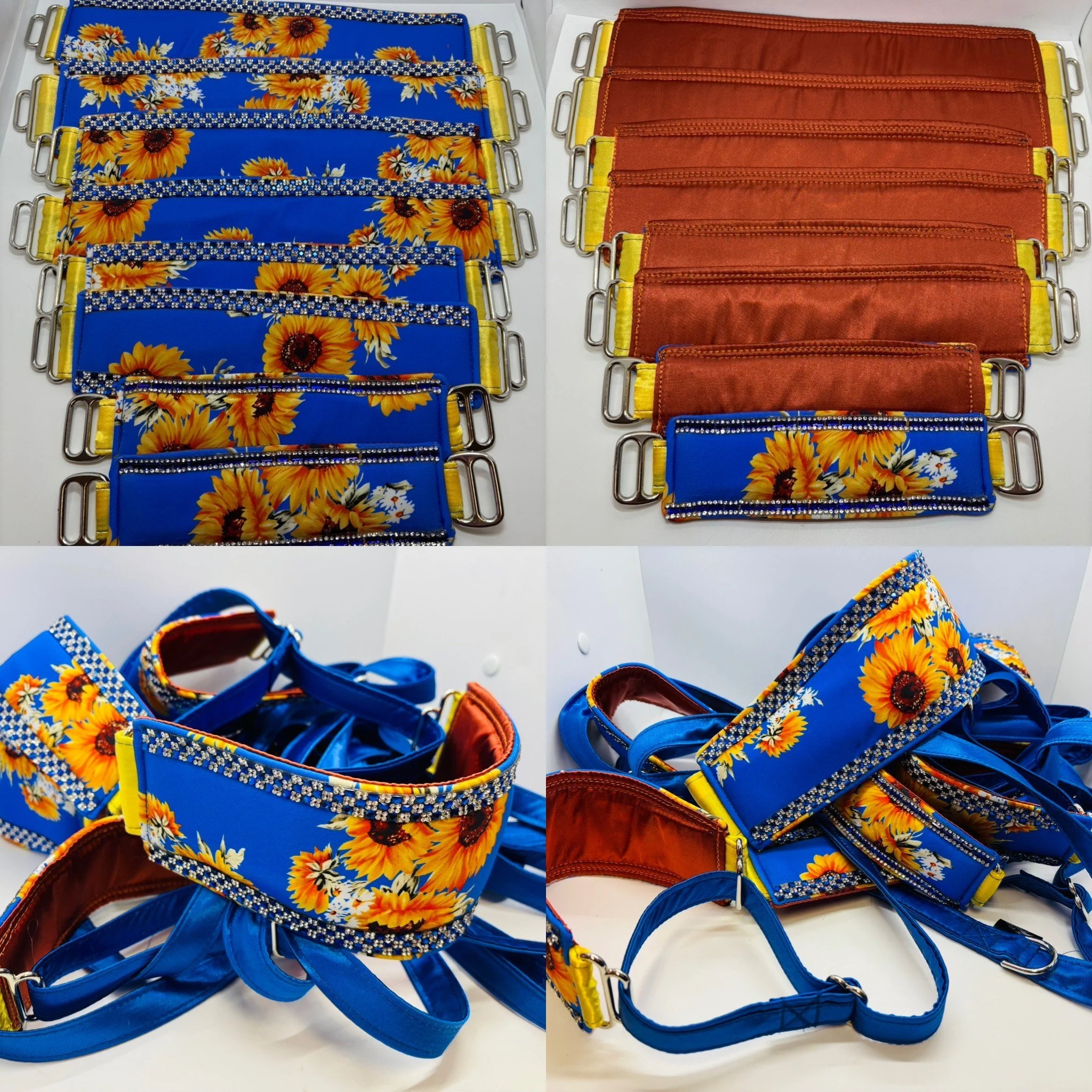 Set of colorful fabric waistbands and pouches with sunflower and sunburst patterns, including orange, blue, and solid red designs, laid out on a white surface.