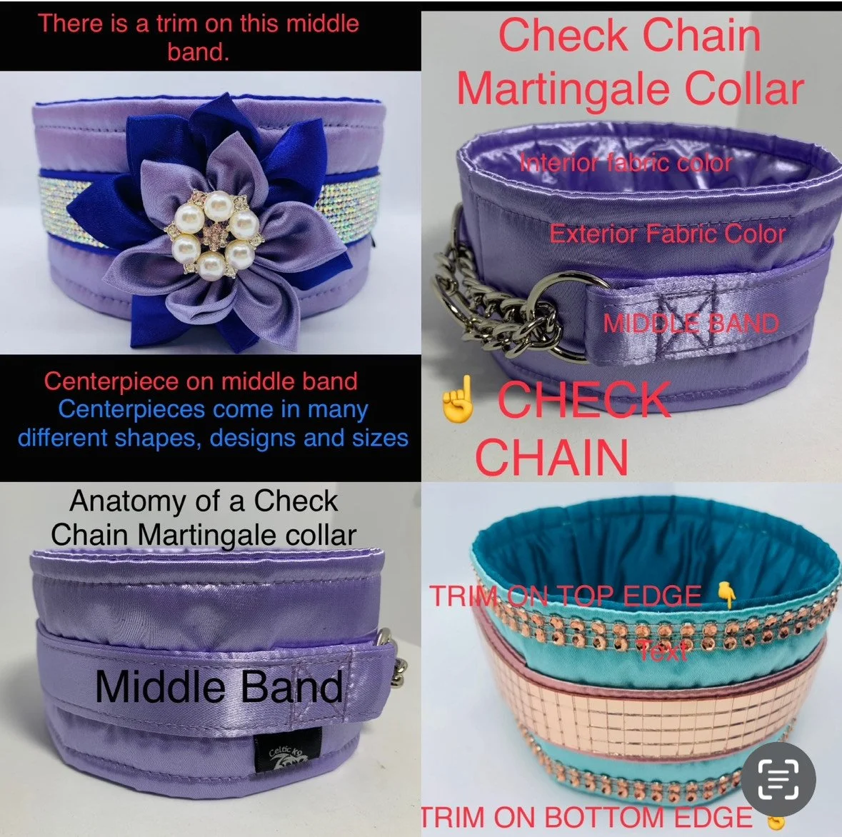 A collage showing different parts of a check chain Martingale collar. The top left image displays a decorated collar with a purple and blue trim, a flower embellishment with pearls, and a black trim on the middle band. The text indicates a trim on th