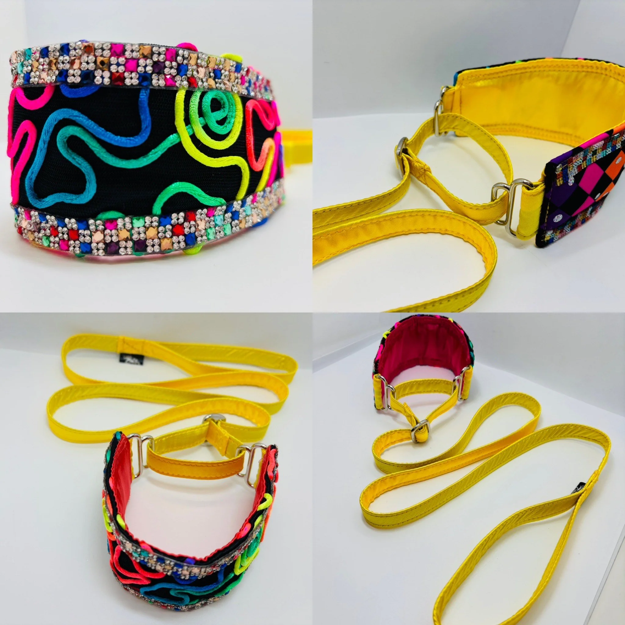 A collection of colorful dog collars and leashes, including one with a black background and neon swirl design adorned with rhinestones, and yellow nylon collars with matching leashes.