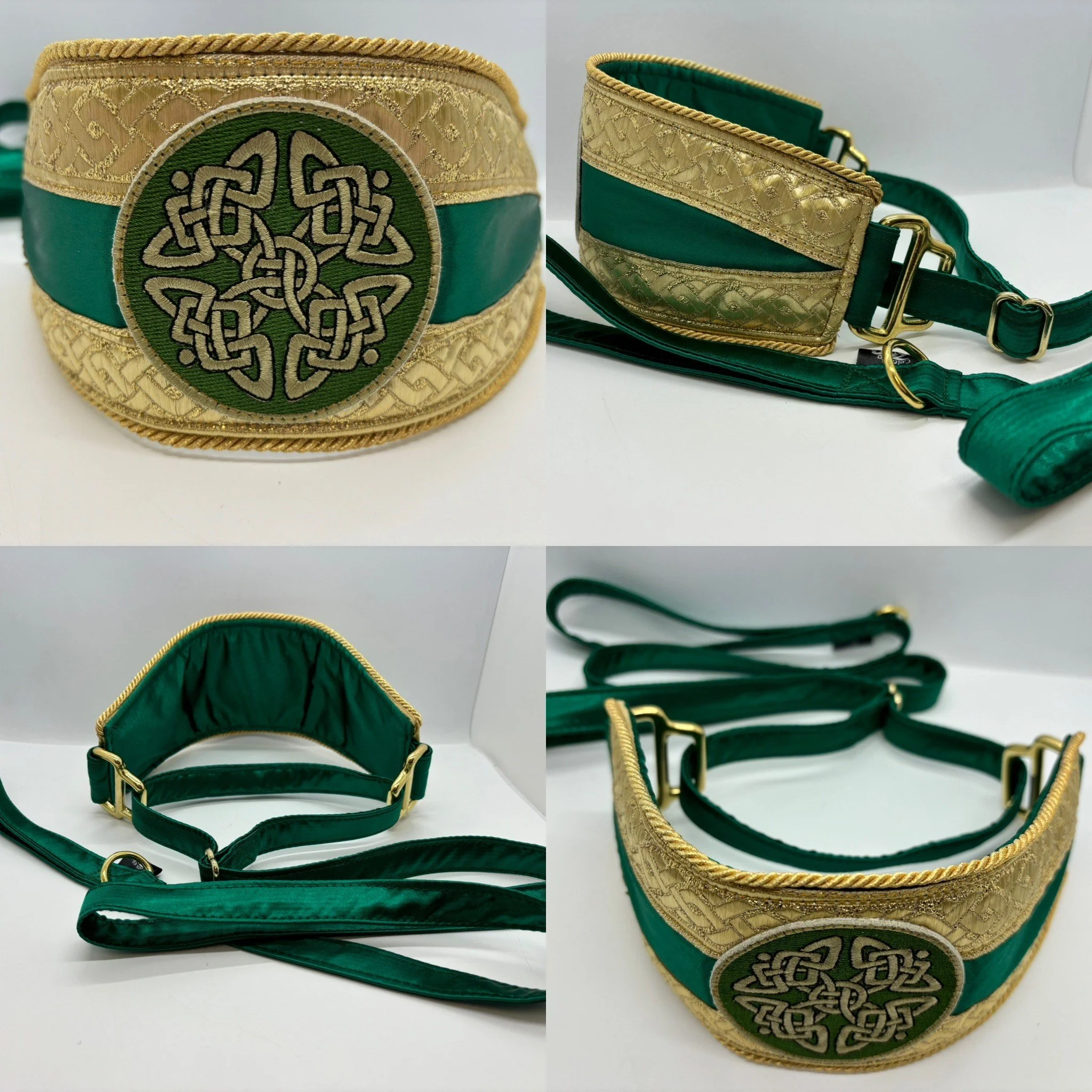 A set of green and gold embroidered accessories including a wide choker or collar, a narrower collar, and a strap, all with gold buckles and intricate embroidery.