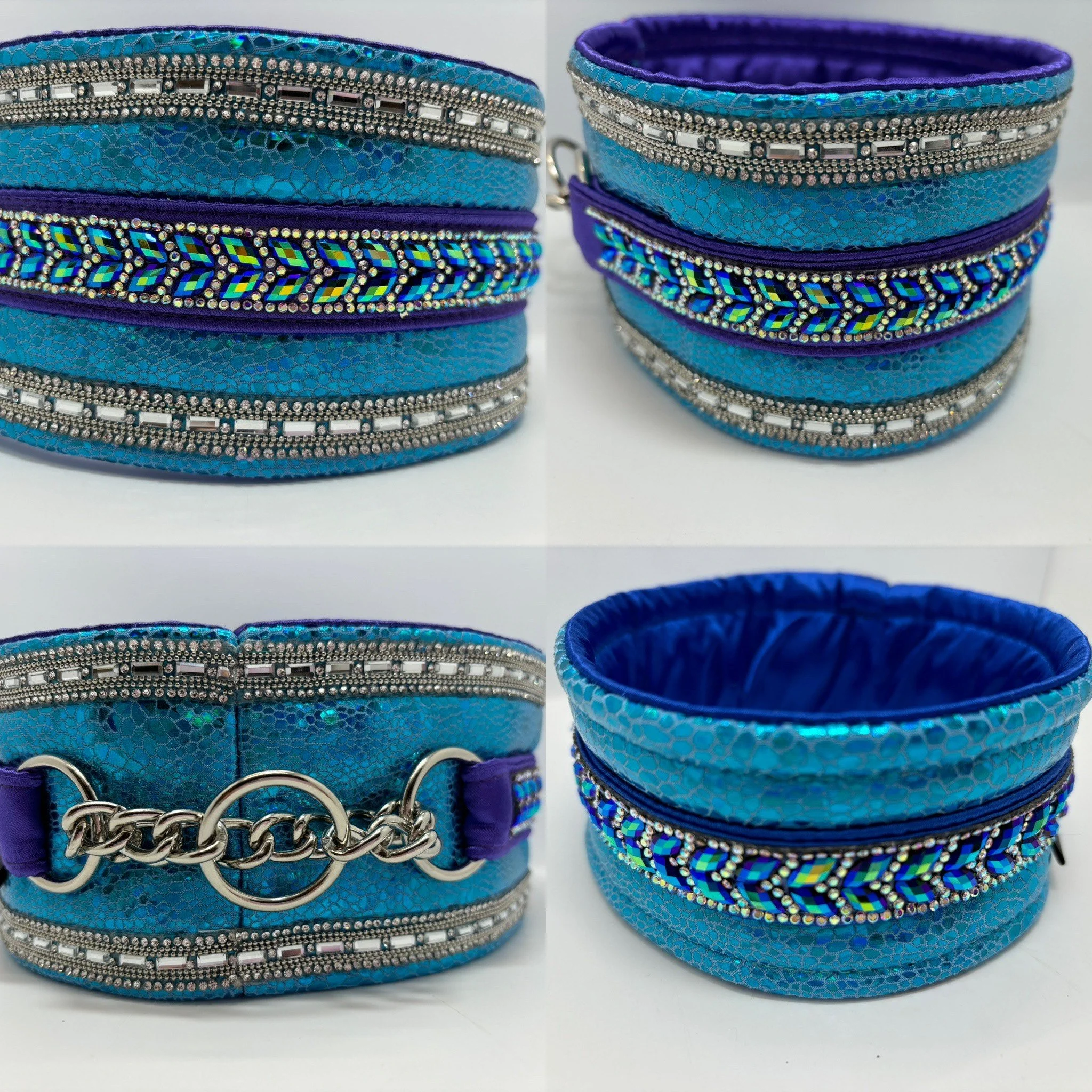 Blue faux snakeskin multi-layered collar with rhinestone and bead embellishments, featuring a silver chain and ring accents, with a purple inner lining.