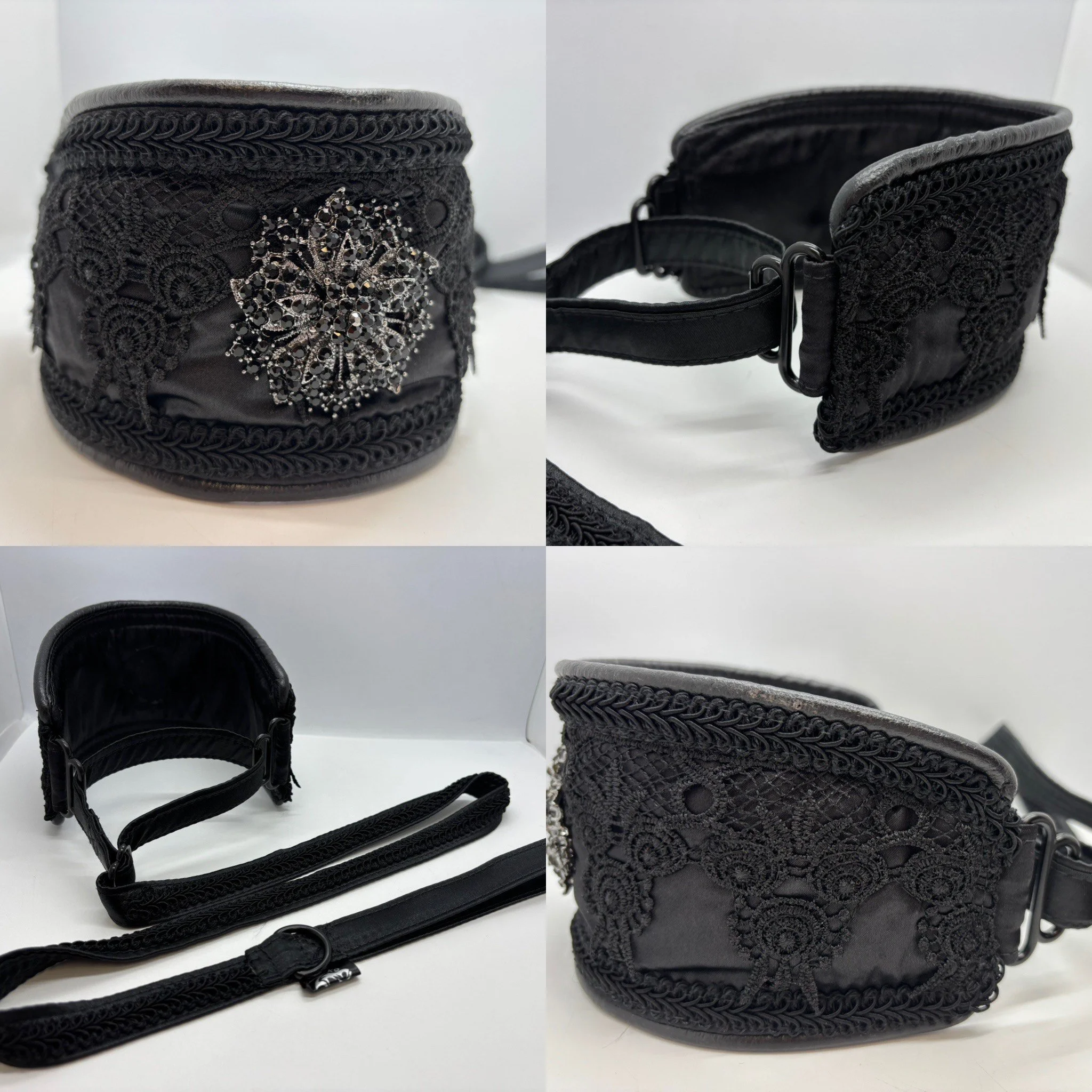 A black lace and satin baby bib with a jeweled snowflake embellishment, adjustable strap, and embroidered details, shown from multiple angles.