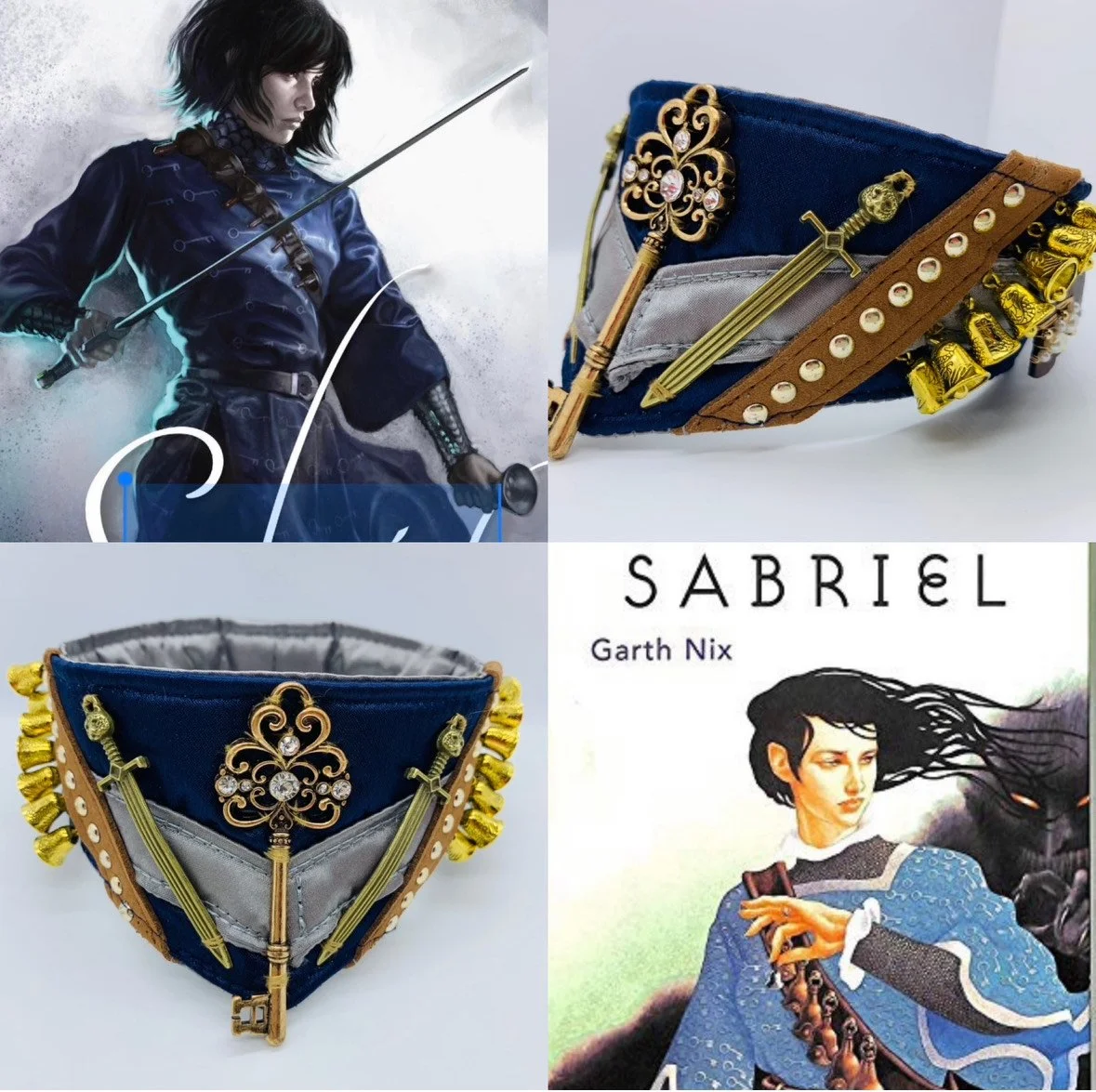 A collage of four images: The top left is a digital illustration of a woman in dark clothing with a sword. The top right and bottom left are close-ups of a decorative collar with gold and jewel accents. The bottom right is a book cover titled "Sabrie