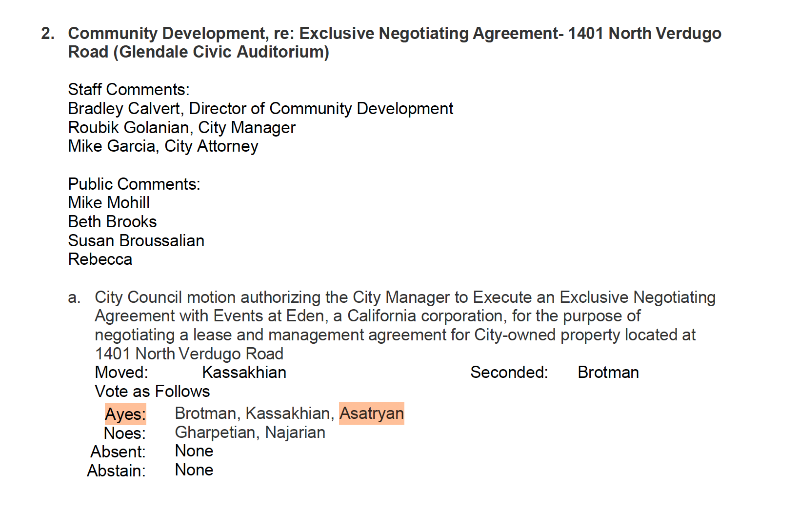 A document detailing a city council motion for a leasing and management agreement at 1401 North Verdugo Road, Glendale. It includes staff and public comments, voting options, and highlights the word "Asatryan" in orange.