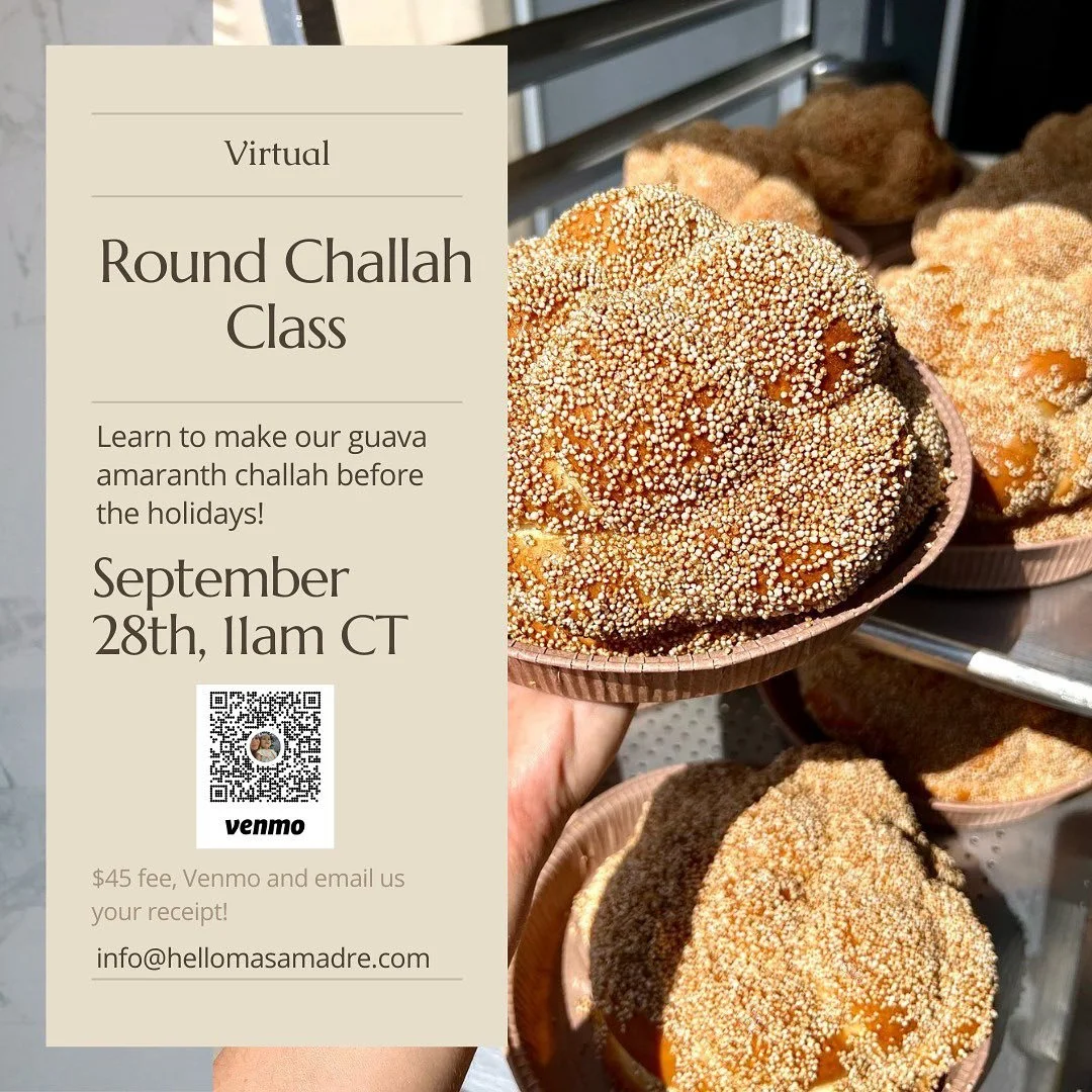 Hi there! We would love to invite you to our Round Challah virtual class on Saturday, September 28th! We will be making our all time favorite Guava Amaranth Challah just in time for Rosh Hashanah. 🐝 
To join, venmo your ticket fee ($45 to @tfasja), 