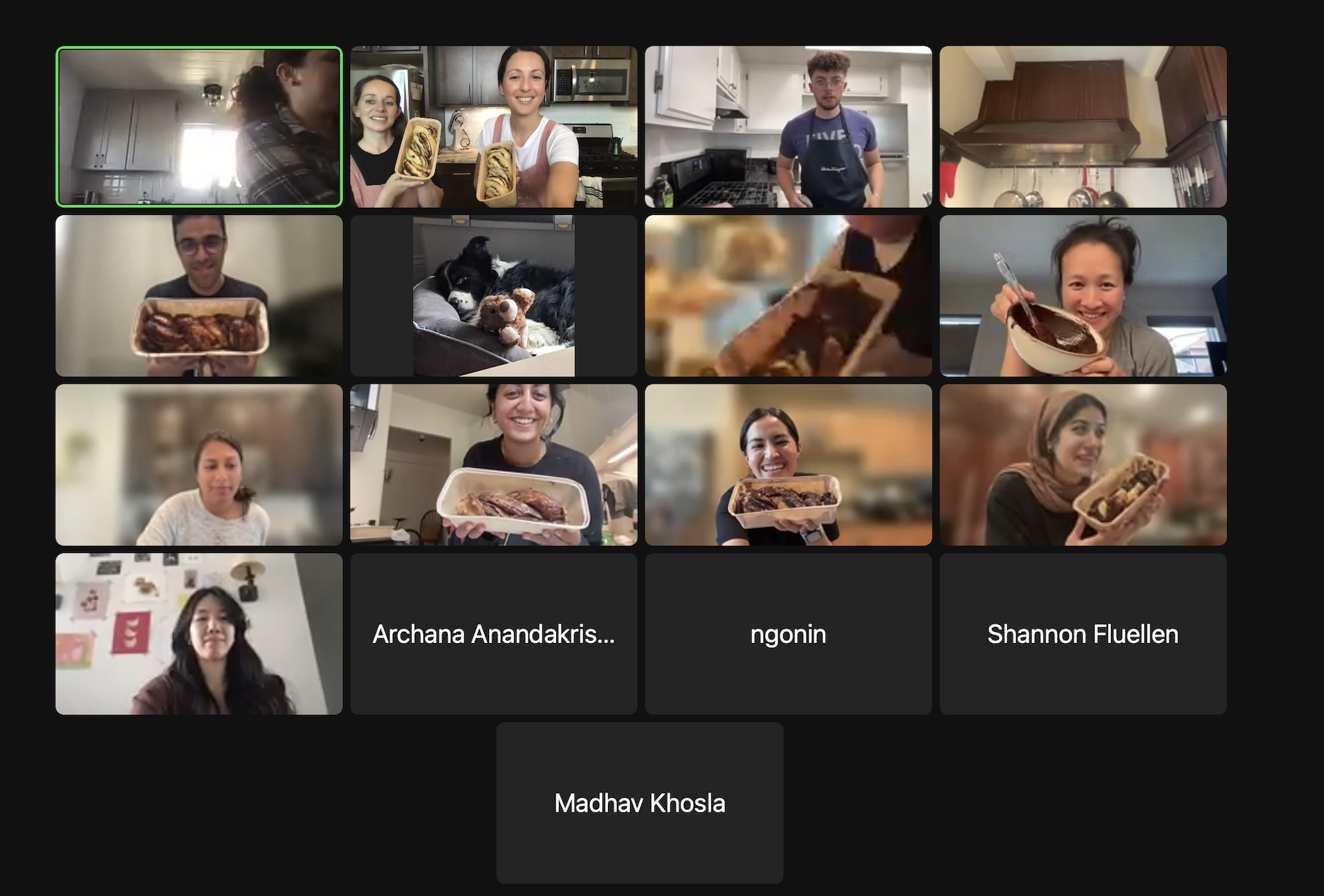 Virtual meeting with multiple participants, some holding dishes of food, including grilled meat, and others showing pets or smiling.